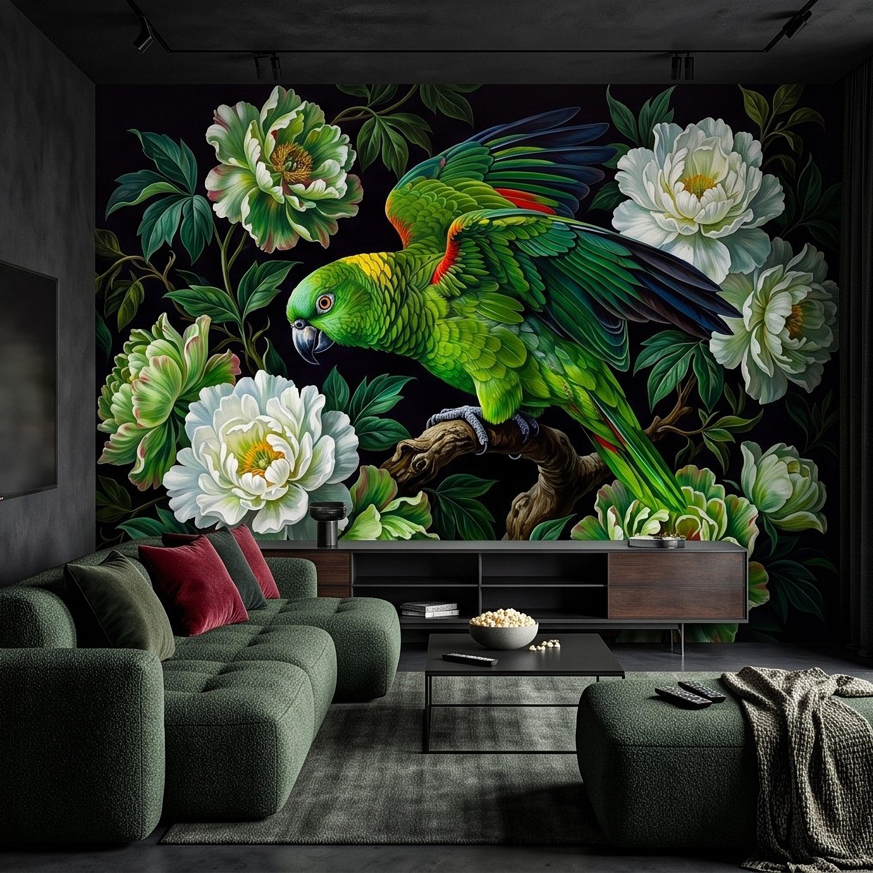 Green Parrot Peel and Stick Wall Mural, White Peony Flowers Tropical Botanical Bird Dark Floral Vintage Chinoiserie Painting Wallpaper