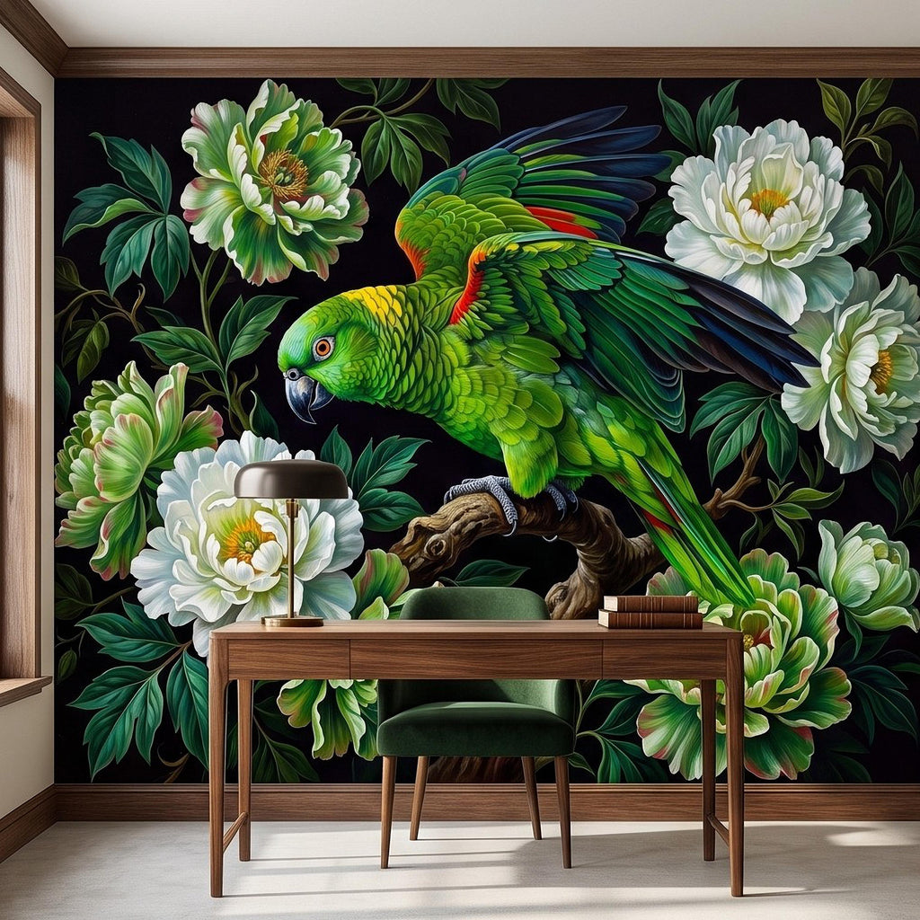 Green Parrot Peel and Stick Wall Mural, White Peony Flowers Tropical Botanical Bird Dark Floral Vintage Chinoiserie Painting Wallpaper