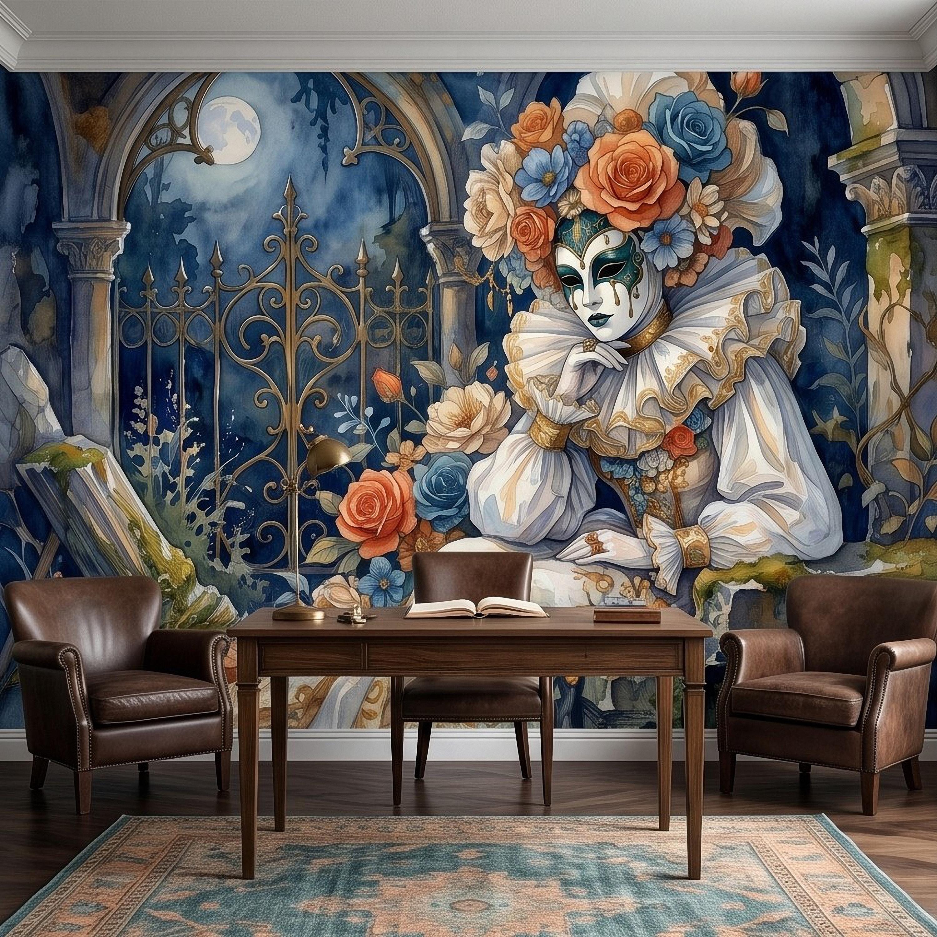 Venetian Masquerade Peel and Stick Wall Mural, Floral Masked Lady Gothic Garden Moonlit Ruins Romantic Watercolor Fantasy Painting Wallpaper