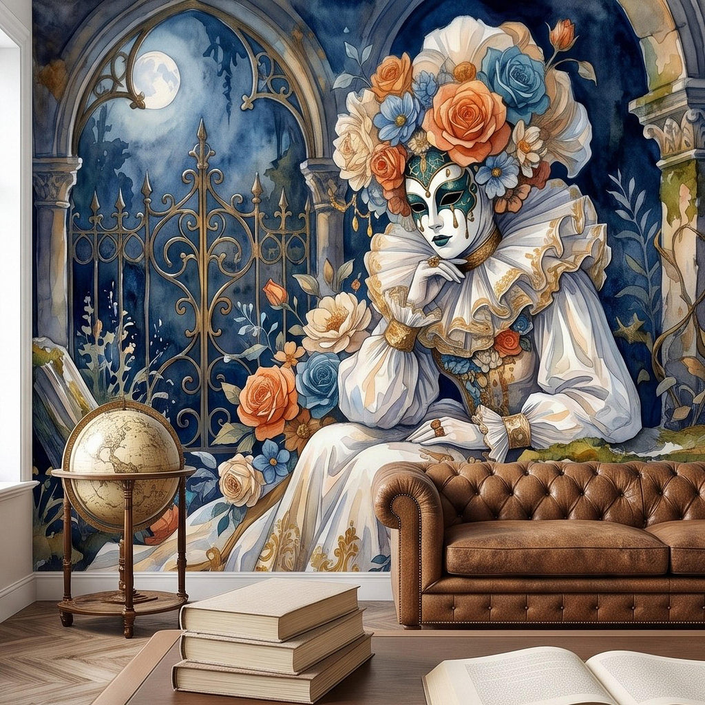 Venetian Masquerade Peel and Stick Wall Mural, Floral Masked Lady Gothic Garden Moonlit Ruins Romantic Watercolor Fantasy Painting Wallpaper