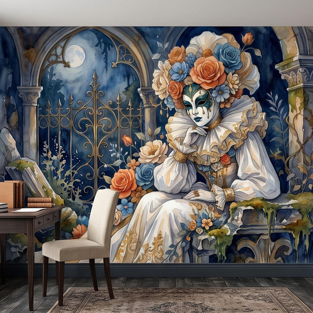 Venetian Masquerade Peel and Stick Wall Mural, Floral Masked Lady Gothic Garden Moonlit Ruins Romantic Watercolor Fantasy Painting Wallpaper