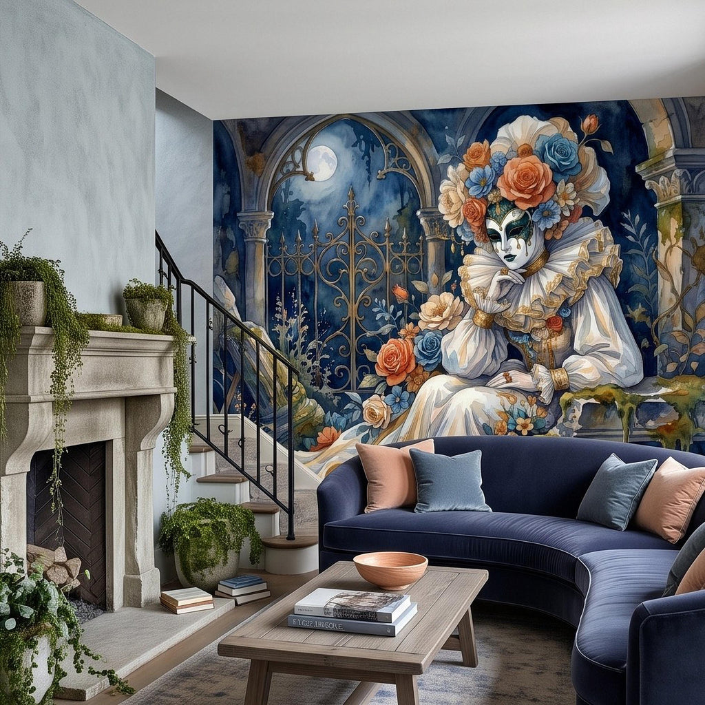 Venetian Masquerade Peel and Stick Wall Mural, Floral Masked Lady Gothic Garden Moonlit Ruins Romantic Watercolor Fantasy Painting Wallpaper