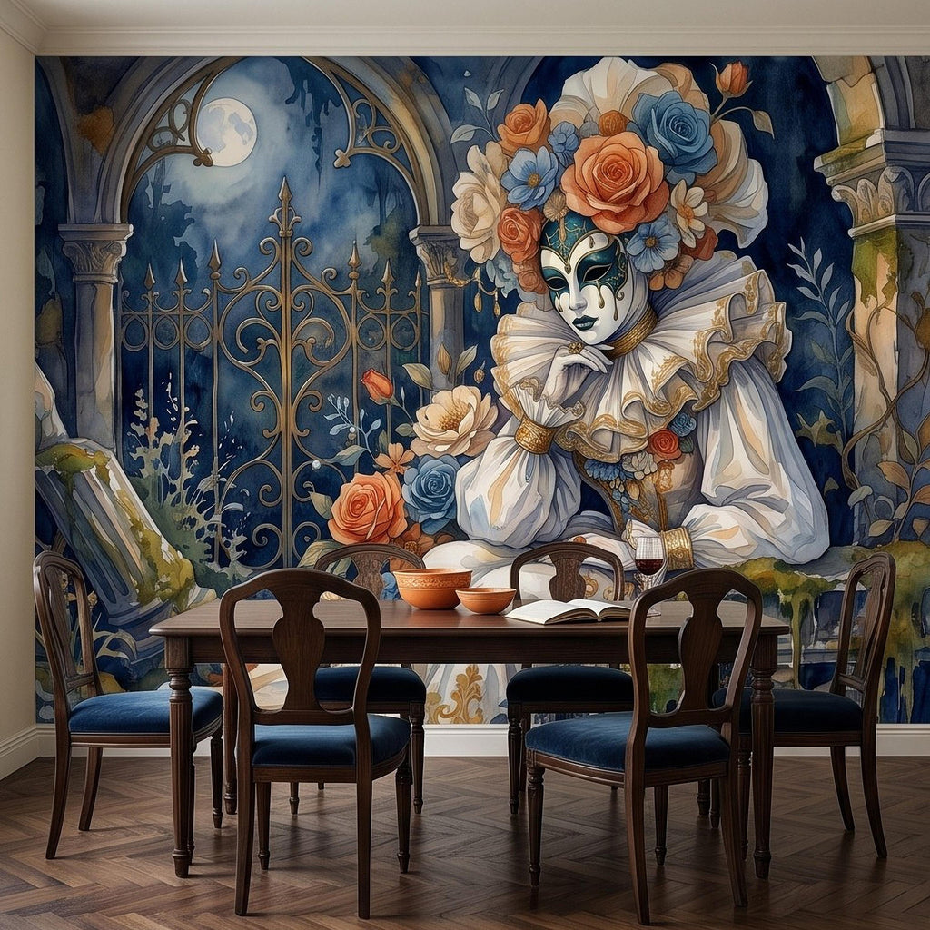 Venetian Masquerade Peel and Stick Wall Mural, Floral Masked Lady Gothic Garden Moonlit Ruins Romantic Watercolor Fantasy Painting Wallpaper