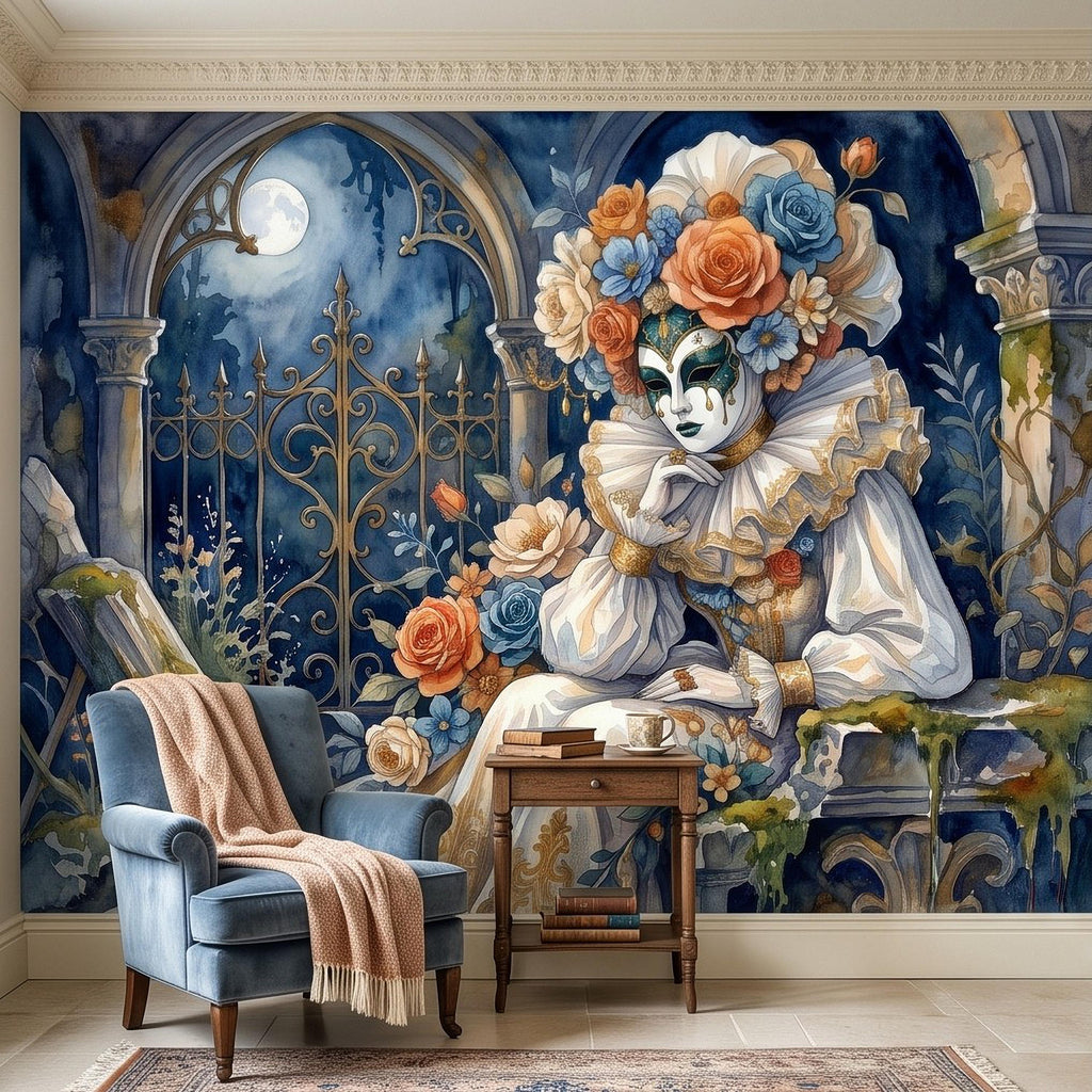 Venetian Masquerade Peel and Stick Wall Mural, Floral Masked Lady Gothic Garden Moonlit Ruins Romantic Watercolor Fantasy Painting Wallpaper