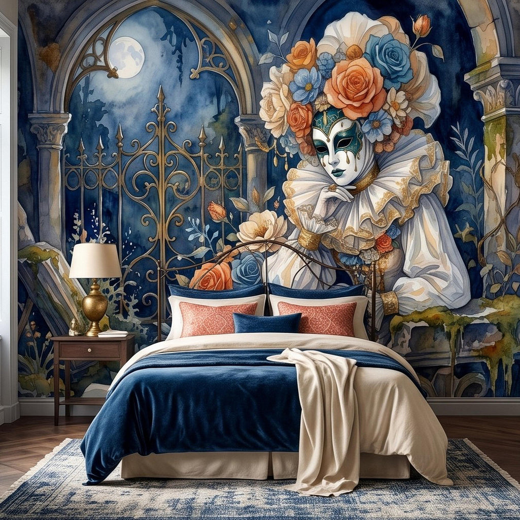 Venetian Masquerade Peel and Stick Wall Mural, Floral Masked Lady Gothic Garden Moonlit Ruins Romantic Watercolor Fantasy Painting Wallpaper