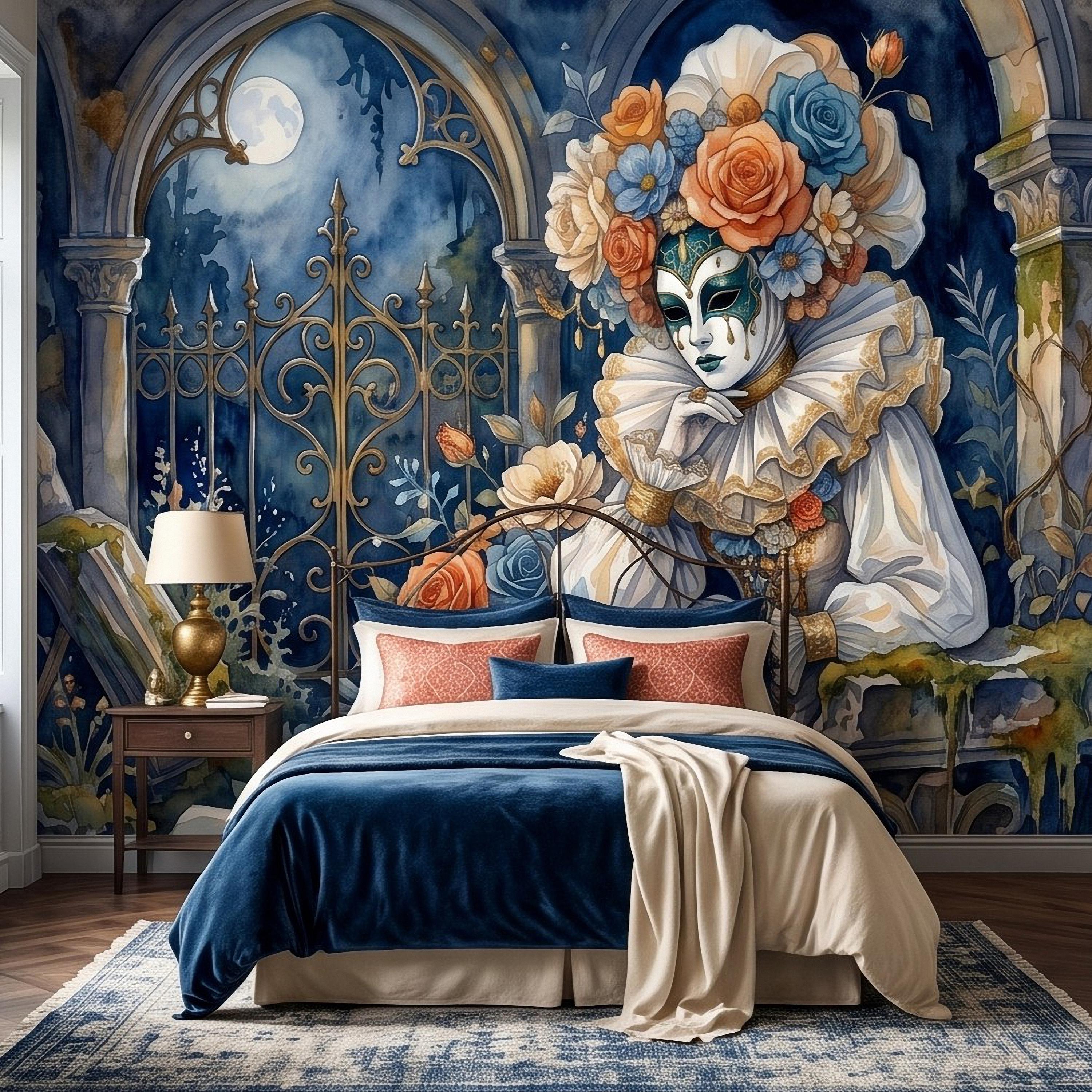 Venetian Masquerade Peel and Stick Wall Mural, Floral Masked Lady Gothic Garden Moonlit Ruins Romantic Watercolor Fantasy Painting Wallpaper