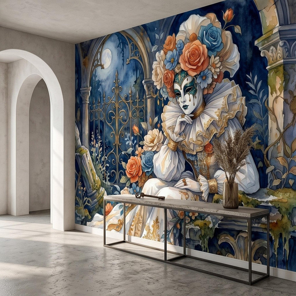 Venetian Masquerade Peel and Stick Wall Mural, Floral Masked Lady Gothic Garden Moonlit Ruins Romantic Watercolor Fantasy Painting Wallpaper