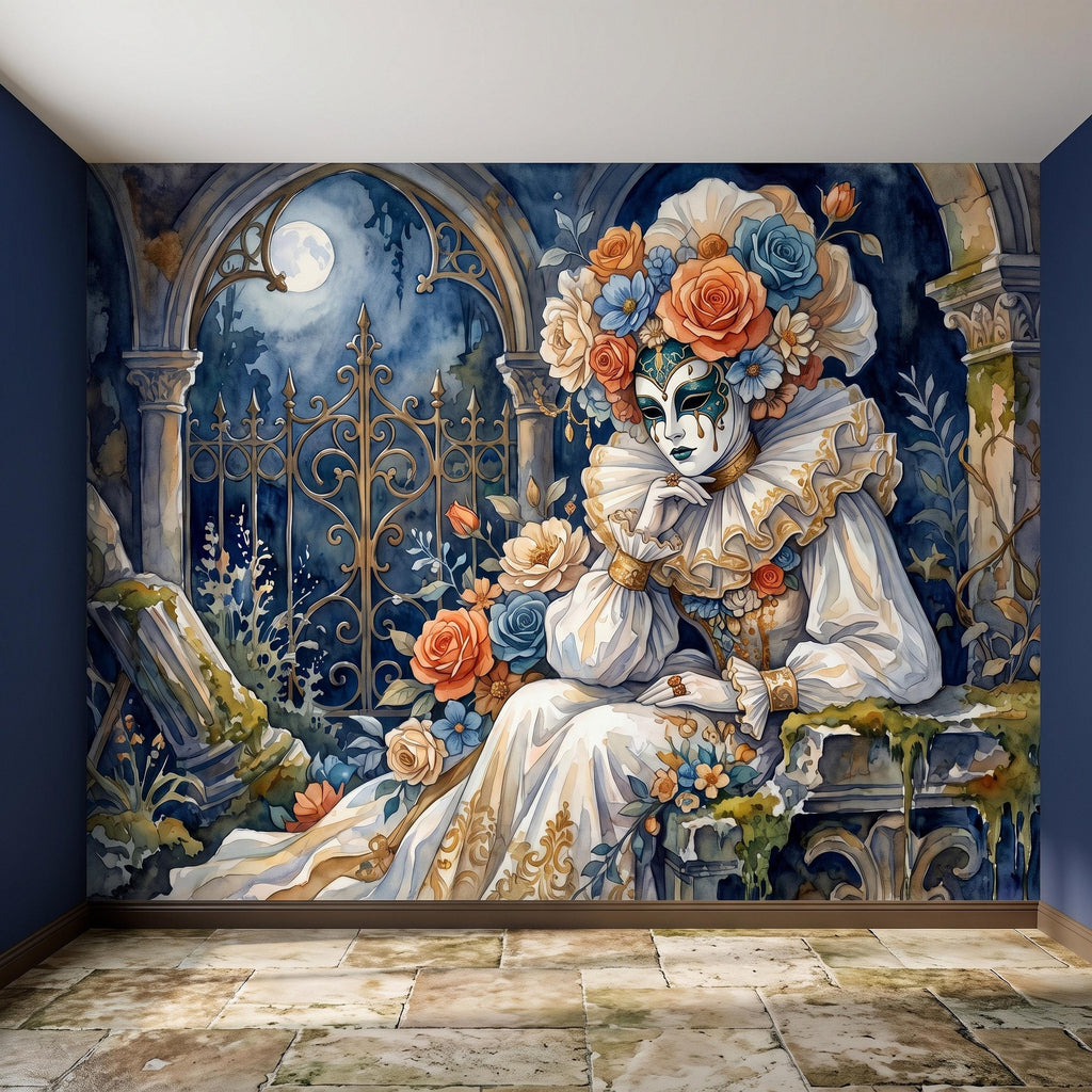 Venetian Masquerade Peel and Stick Wall Mural, Floral Masked Lady Gothic Garden Moonlit Ruins Romantic Watercolor Fantasy Painting Wallpaper
