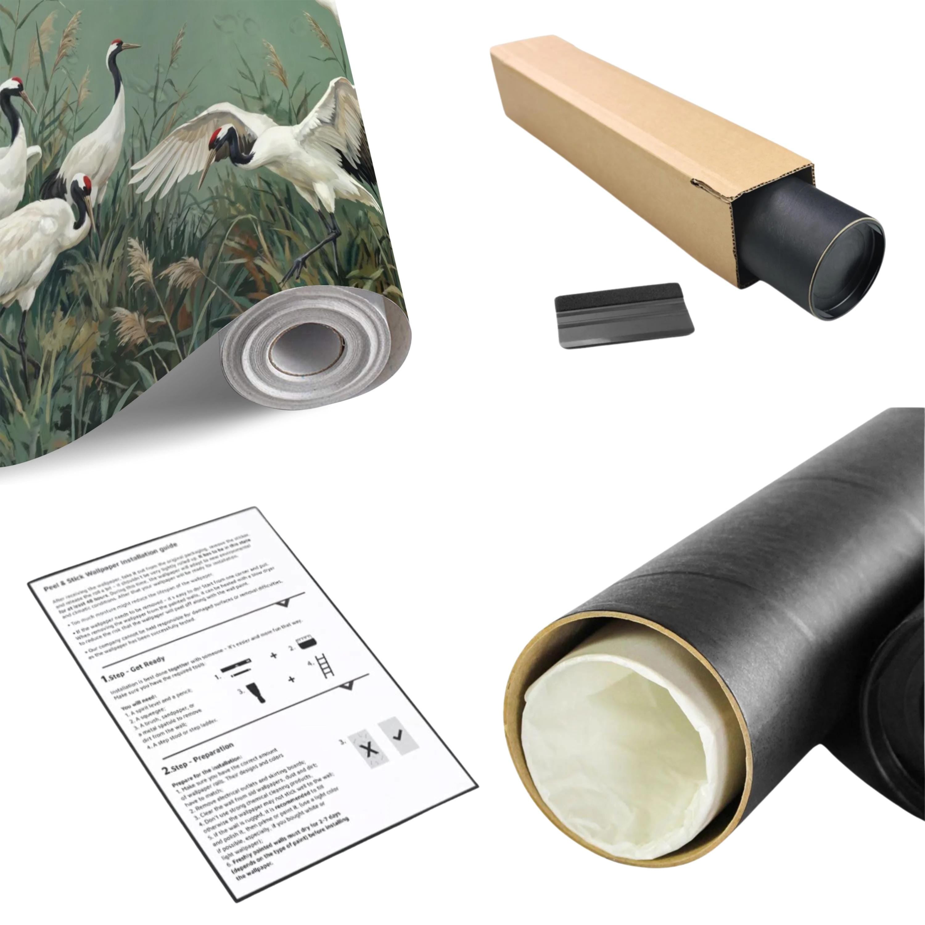 Japanese Cranes Peel and Stick Wall Mural, Red Crowned Birds Reeds Sage Green Wetland Marsh Elegant Vintage Nature Painting Wallpaper