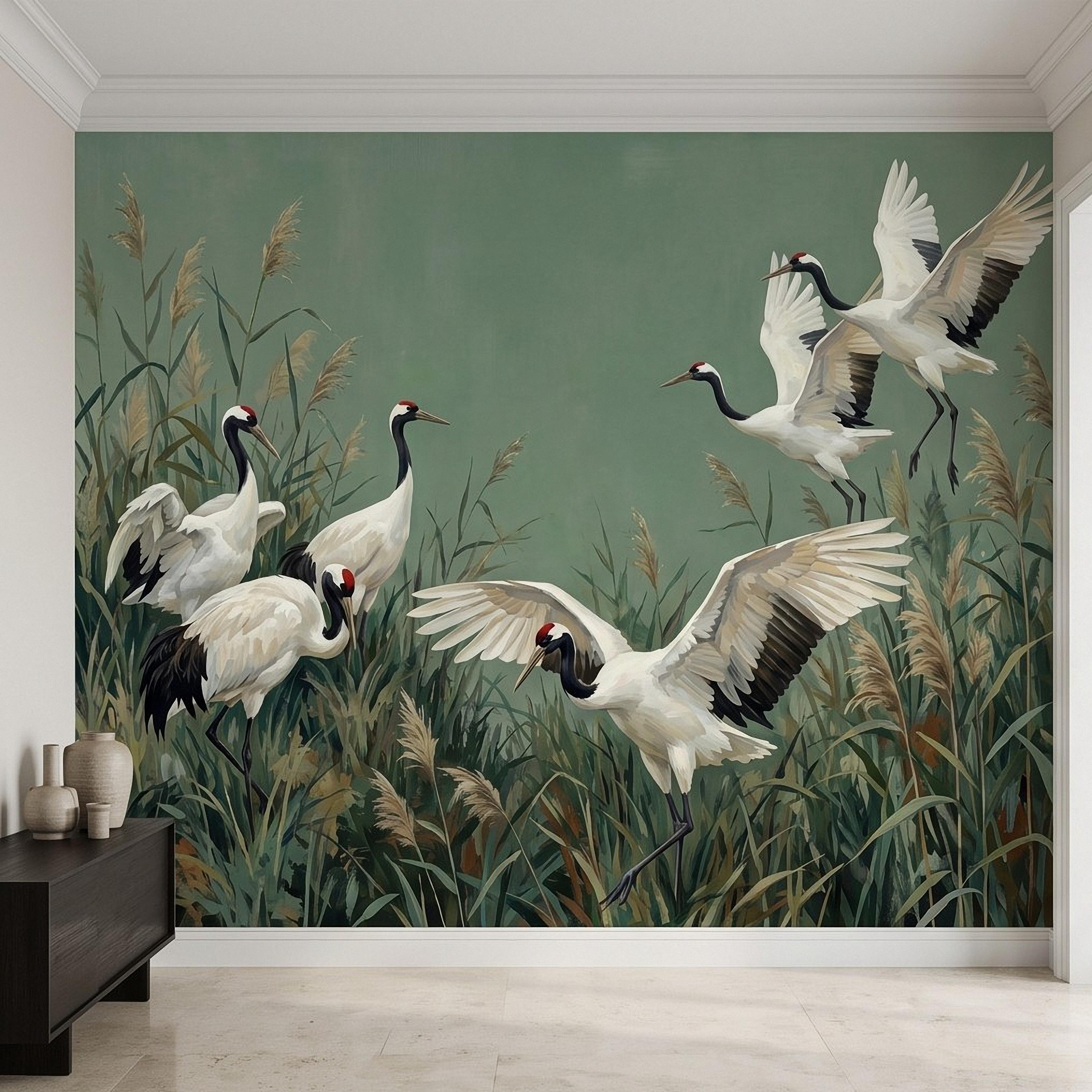 Japanese Cranes Peel and Stick Wall Mural, Red Crowned Birds Reeds Sage Green Wetland Marsh Elegant Vintage Nature Painting Wallpaper