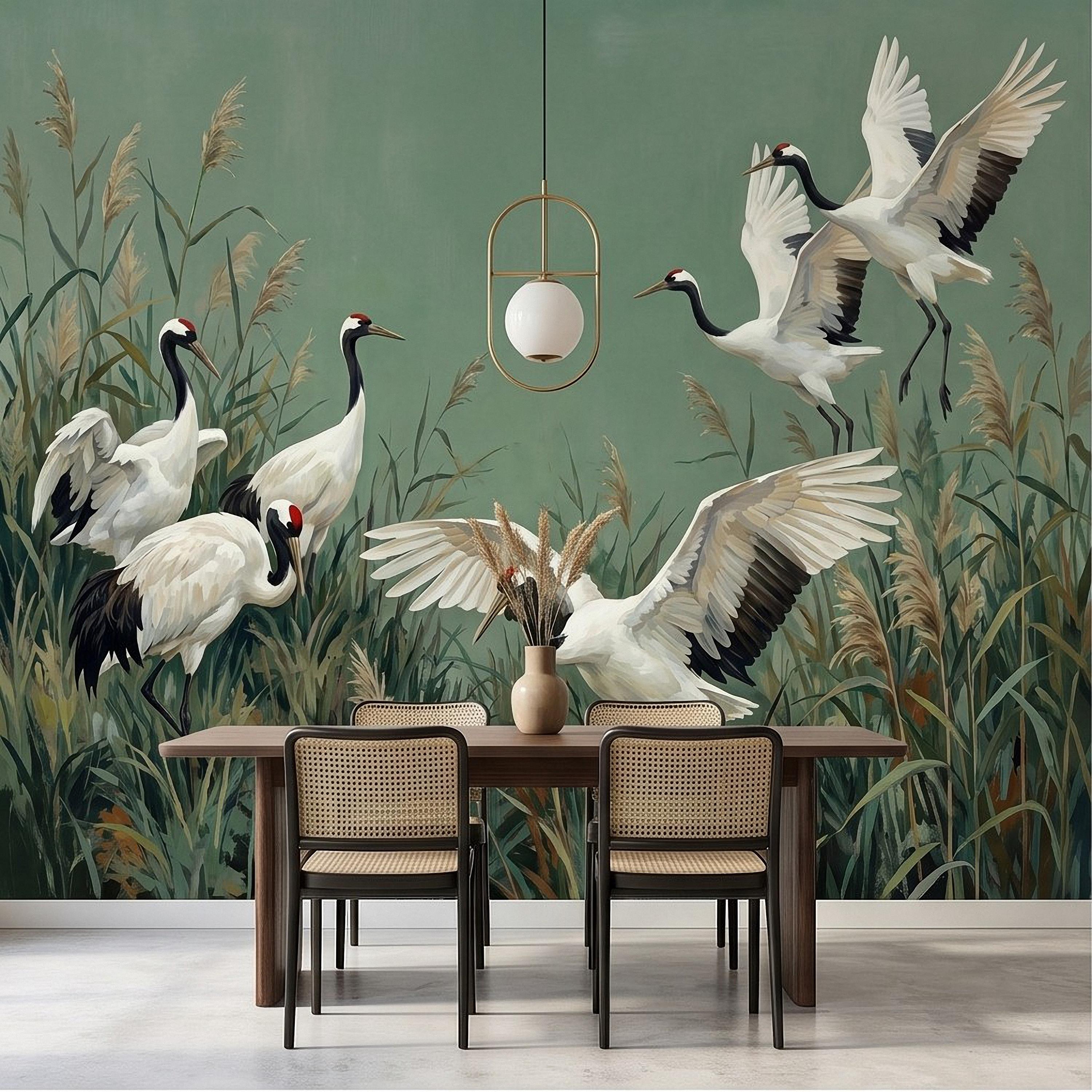 Japanese Cranes Peel and Stick Wall Mural, Red Crowned Birds Reeds Sage Green Wetland Marsh Elegant Vintage Nature Painting Wallpaper