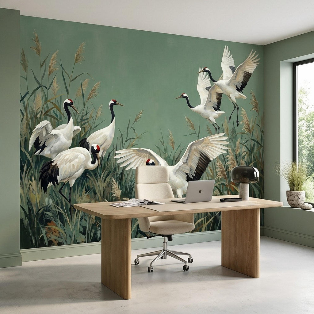 Japanese Cranes Peel and Stick Wall Mural, Red Crowned Birds Reeds Sage Green Wetland Marsh Elegant Vintage Nature Painting Wallpaper