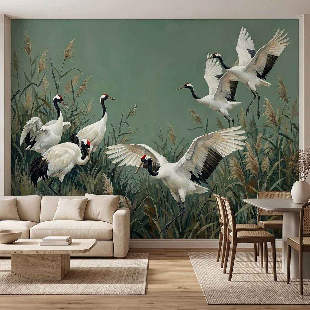 Japanese Cranes Peel and Stick Wall Mural, Red Crowned Birds Reeds Sage Green Wetland Marsh Elegant Vintage Nature Painting Wallpaper