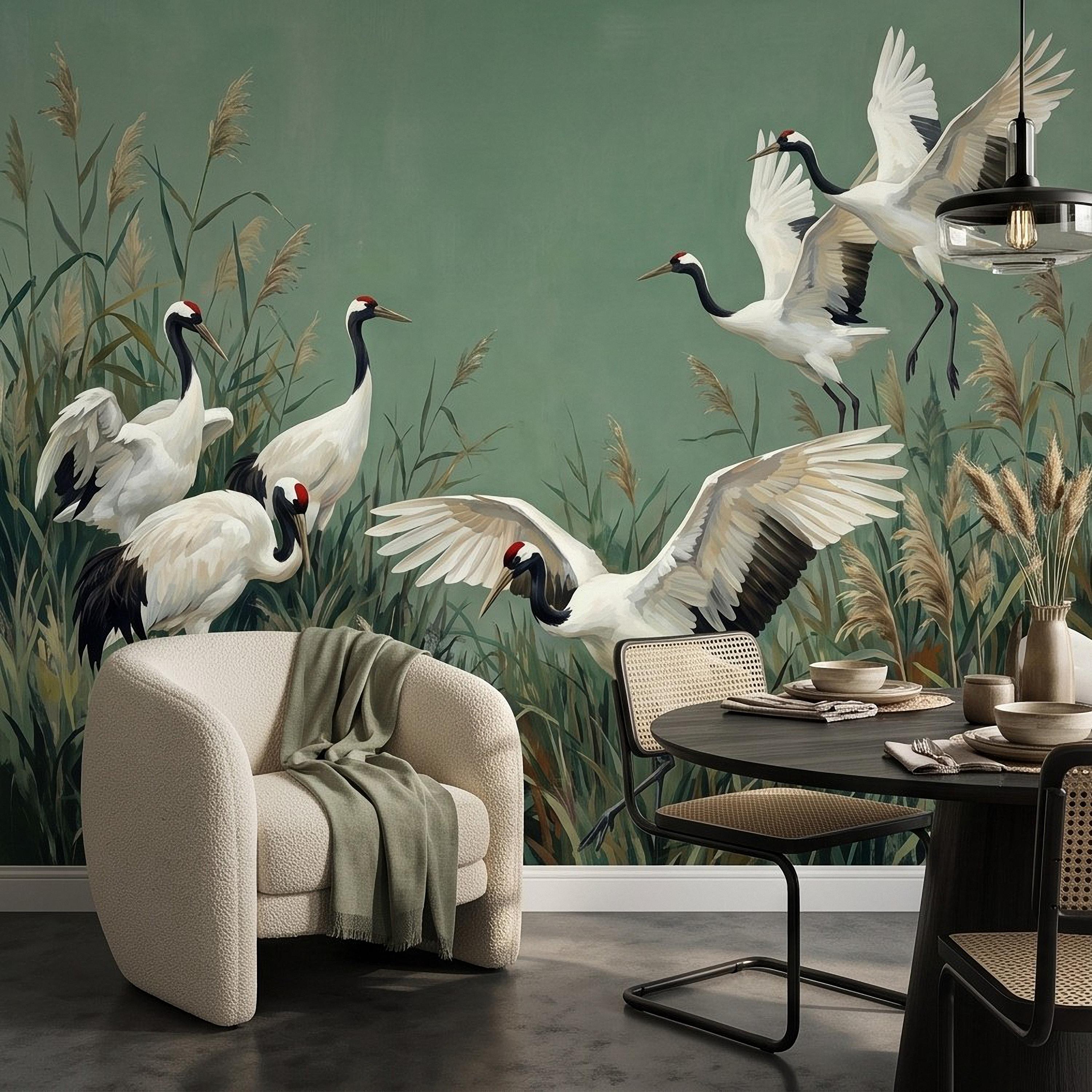 Japanese Cranes Peel and Stick Wall Mural, Red Crowned Birds Reeds Sage Green Wetland Marsh Elegant Vintage Nature Painting Wallpaper