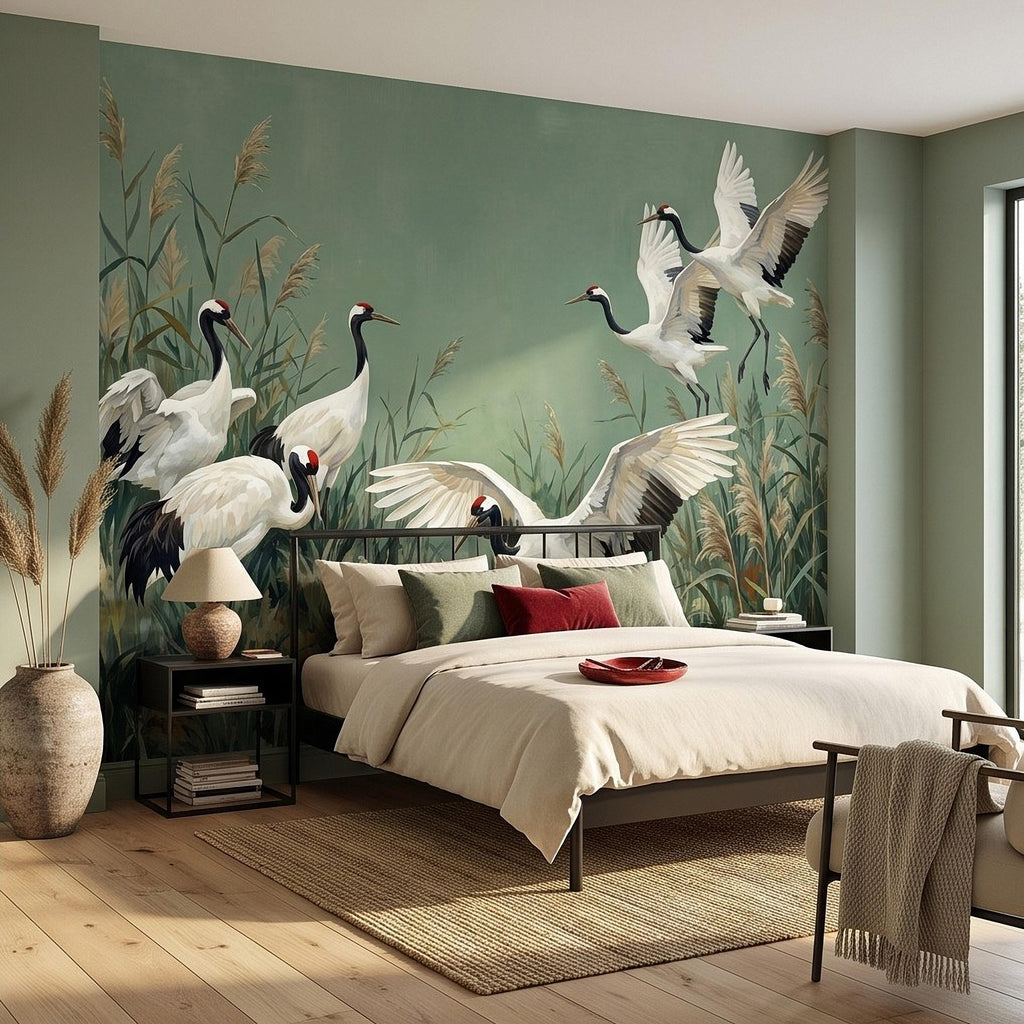 Japanese Cranes Peel and Stick Wall Mural, Red Crowned Birds Reeds Sage Green Wetland Marsh Elegant Vintage Nature Painting Wallpaper