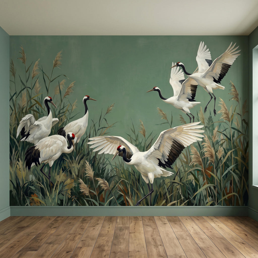 Japanese Cranes Peel and Stick Wall Mural, Red Crowned Birds Reeds Sage Green Wetland Marsh Elegant Vintage Nature Painting Wallpaper