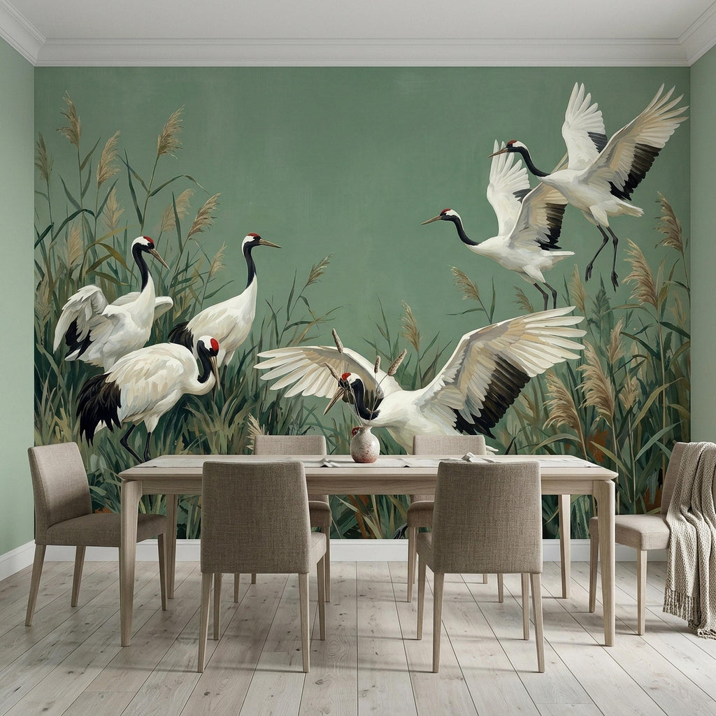 Japanese Cranes Peel and Stick Wall Mural, Red Crowned Birds Reeds Sage Green Wetland Marsh Elegant Vintage Nature Painting Wallpaper