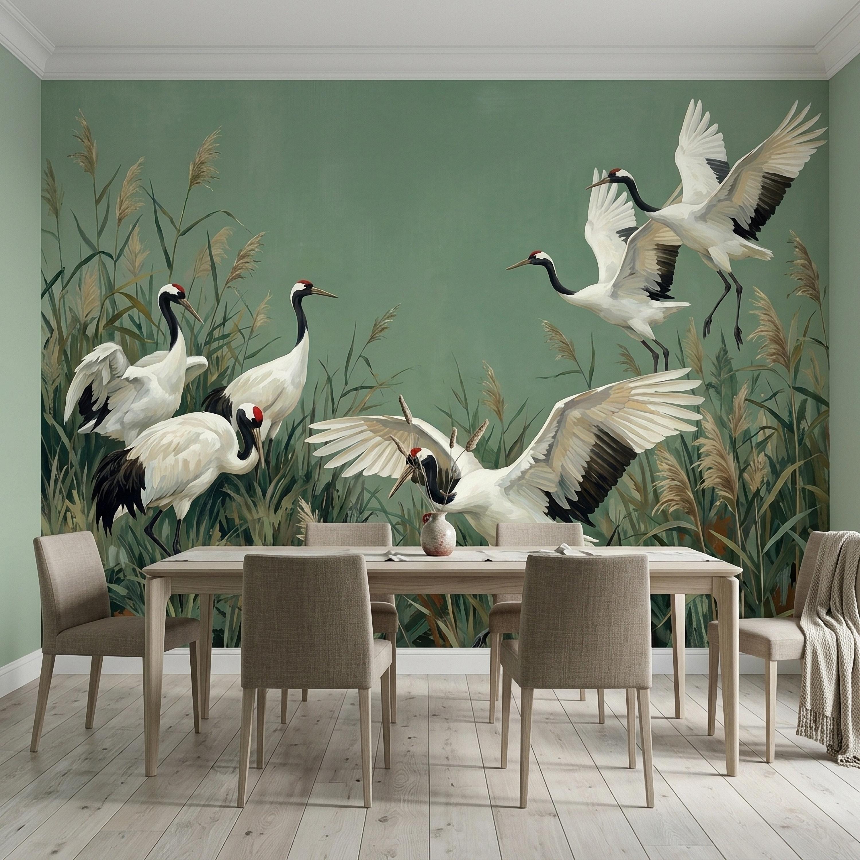 Japanese Cranes Peel and Stick Wall Mural, Red Crowned Birds Reeds Sage Green Wetland Marsh Elegant Vintage Nature Painting Wallpaper