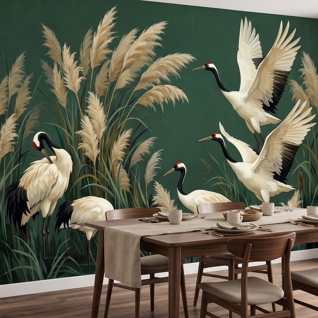 Japanese Cranes Peel and Stick Wall Mural, Red Crowned Birds Pampas Reeds Dark Green Wetland Elegant Vintage Botanical Painting Wallpaper