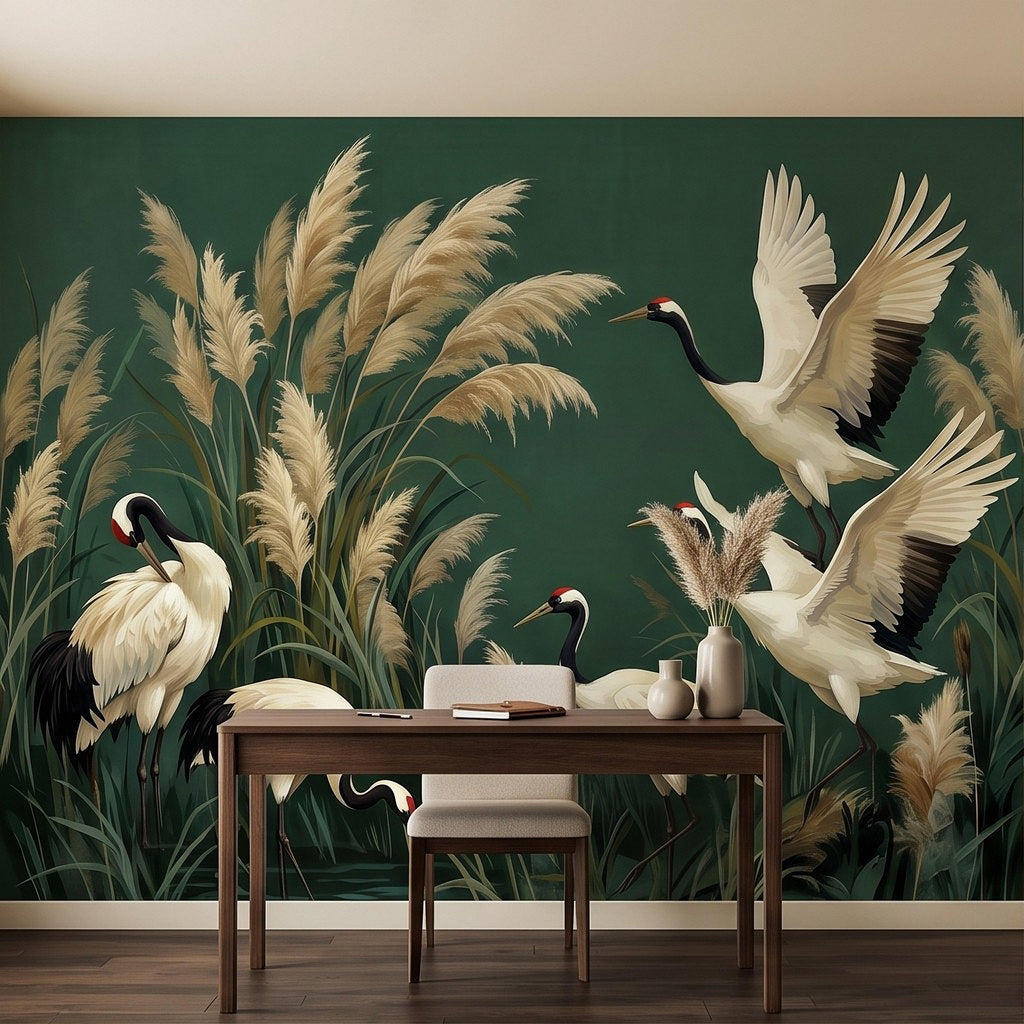 Japanese Cranes Peel and Stick Wall Mural, Red Crowned Birds Pampas Reeds Dark Green Wetland Elegant Vintage Botanical Painting Wallpaper