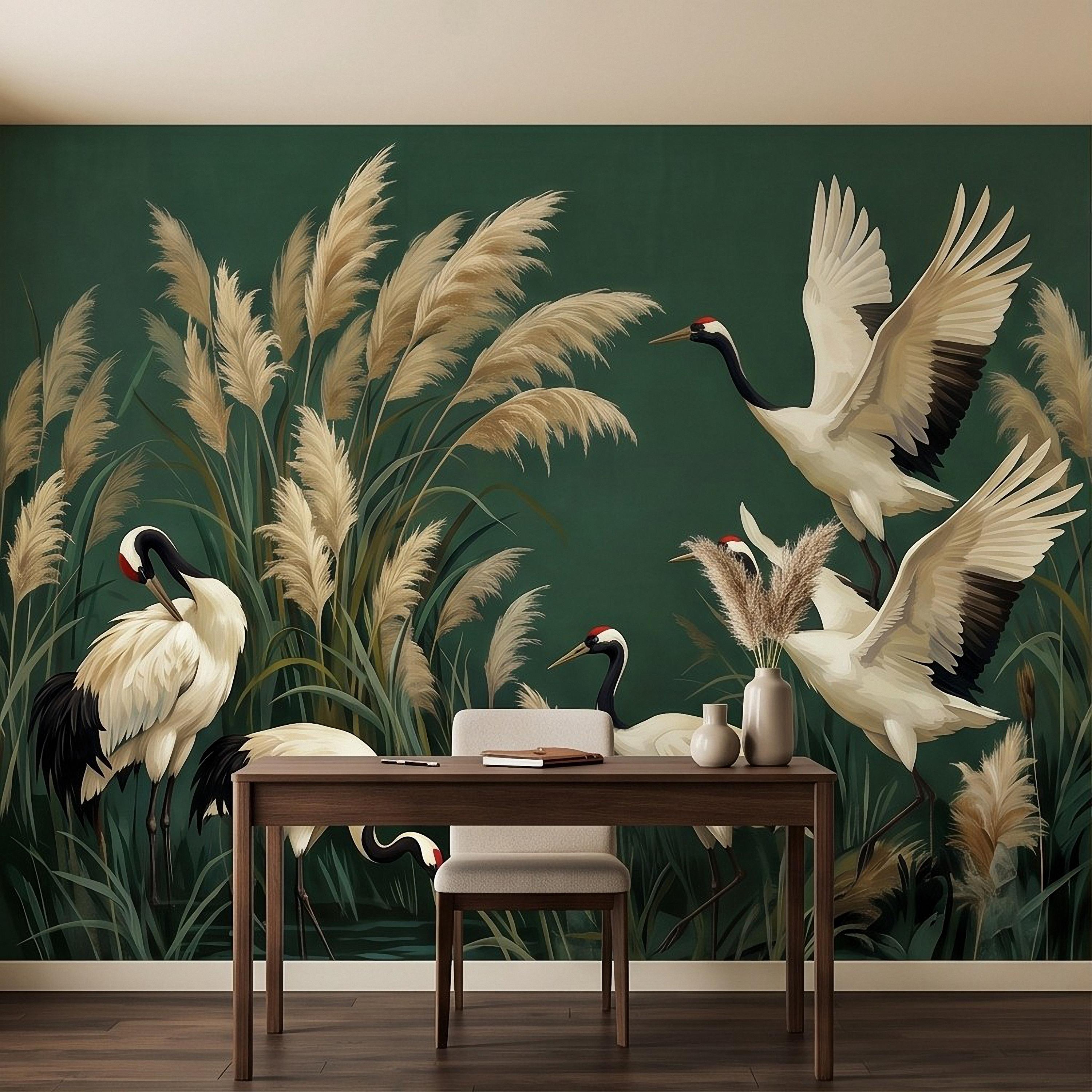 Japanese Cranes Peel and Stick Wall Mural, Red Crowned Birds Pampas Reeds Dark Green Wetland Elegant Vintage Botanical Painting Wallpaper