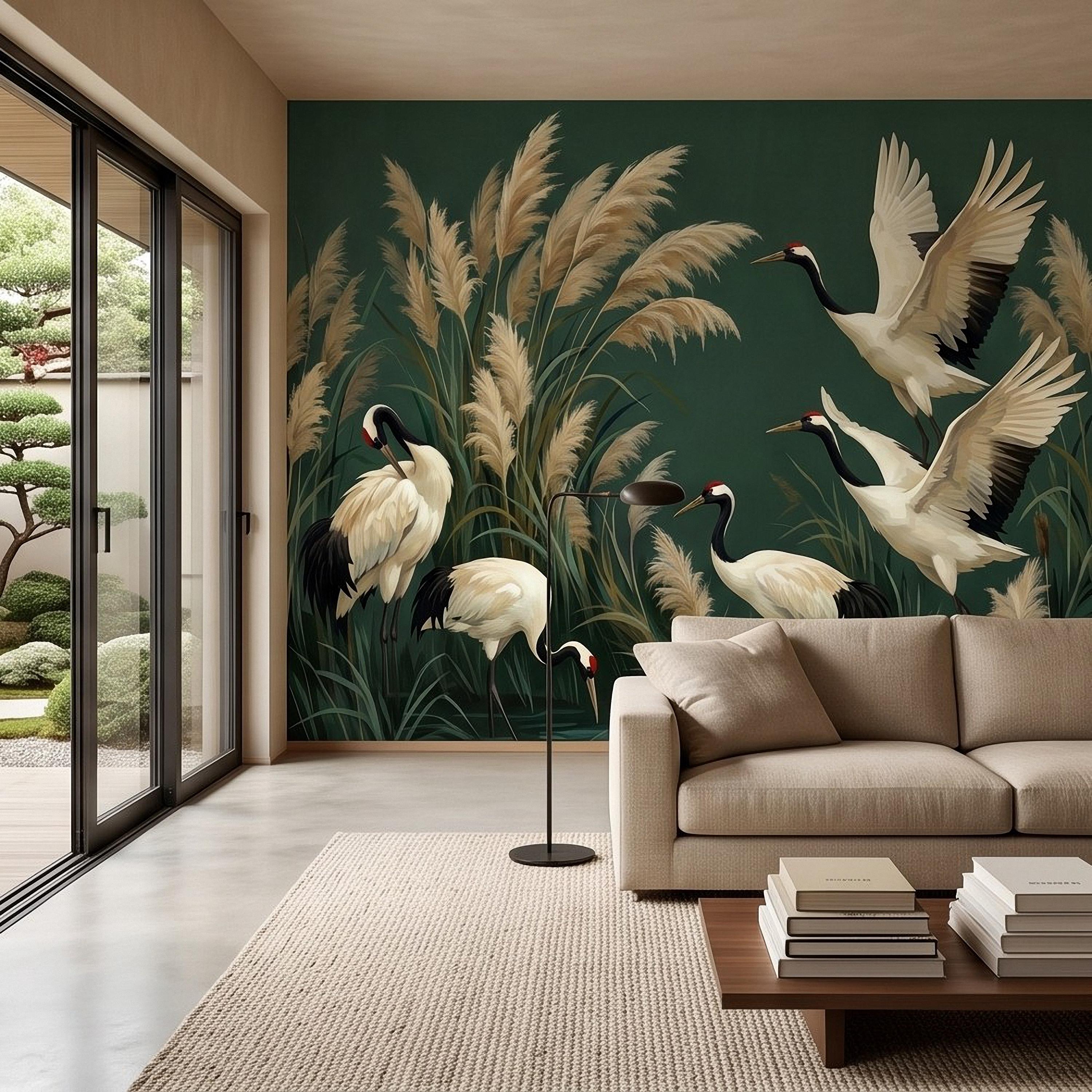 Japanese Cranes Peel and Stick Wall Mural, Red Crowned Birds Pampas Reeds Dark Green Wetland Elegant Vintage Botanical Painting Wallpaper
