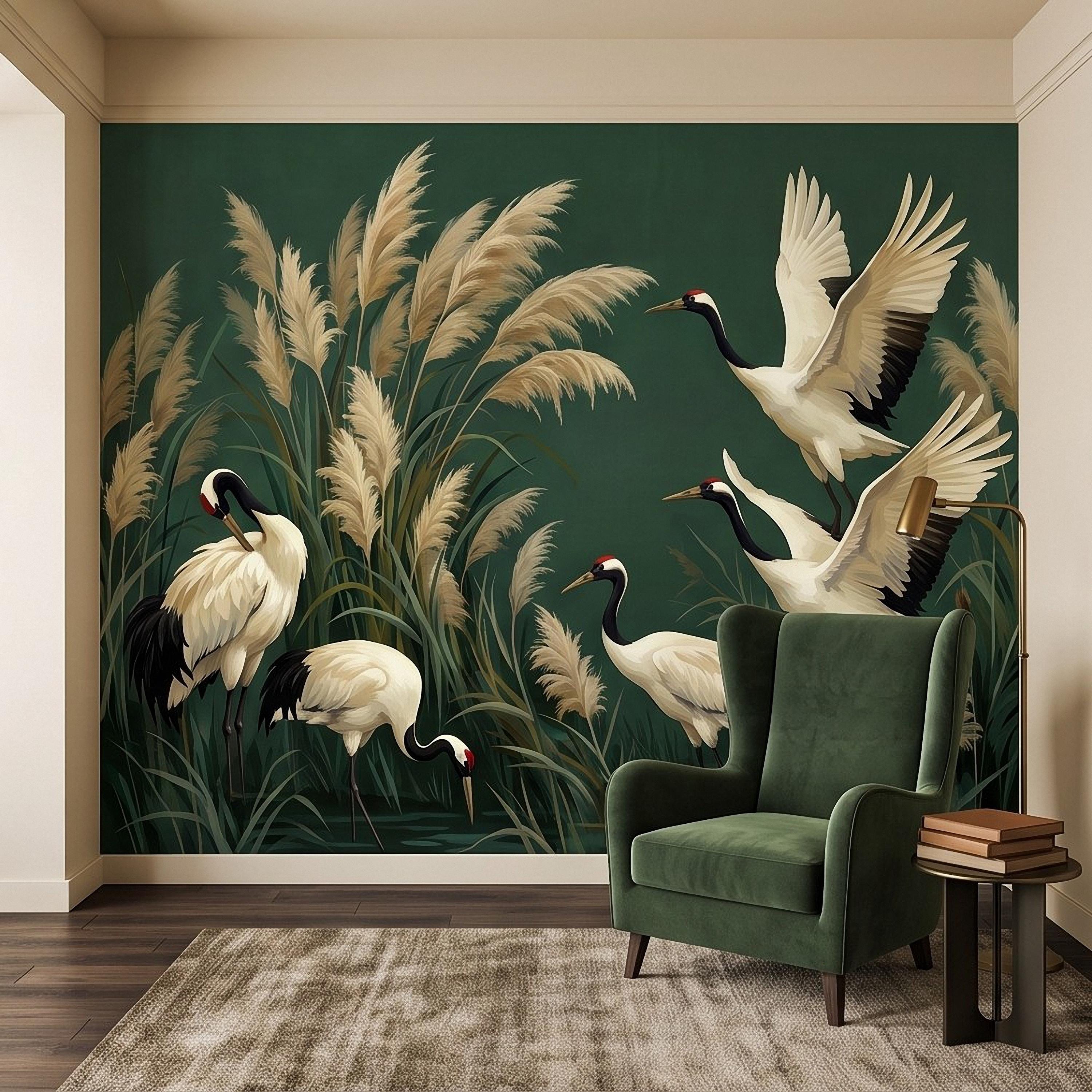 Japanese Cranes Peel and Stick Wall Mural, Red Crowned Birds Pampas Reeds Dark Green Wetland Elegant Vintage Botanical Painting Wallpaper