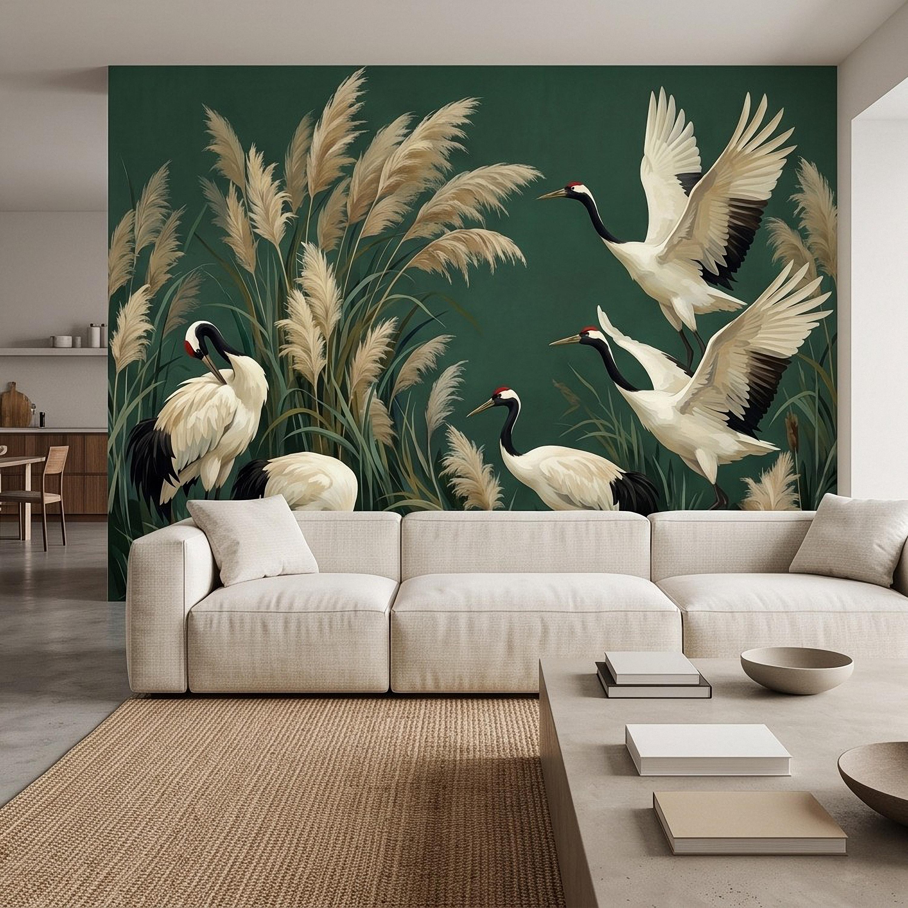 Japanese Cranes Peel and Stick Wall Mural, Red Crowned Birds Pampas Reeds Dark Green Wetland Elegant Vintage Botanical Painting Wallpaper