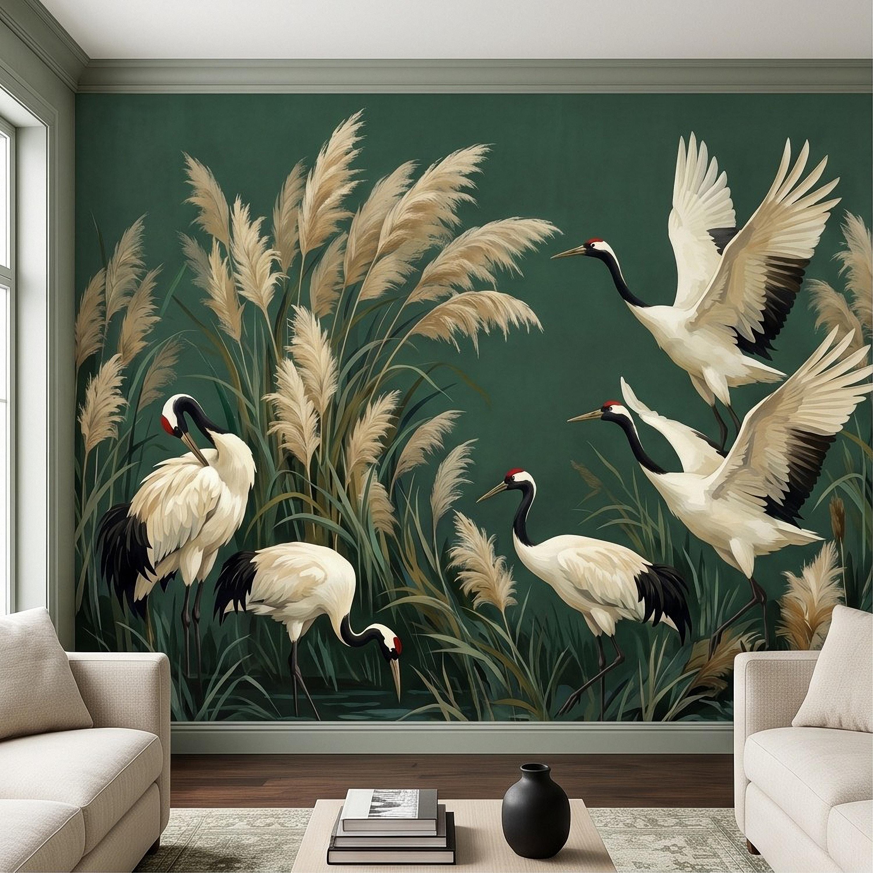 Japanese Cranes Peel and Stick Wall Mural, Red Crowned Birds Pampas Reeds Dark Green Wetland Elegant Vintage Botanical Painting Wallpaper