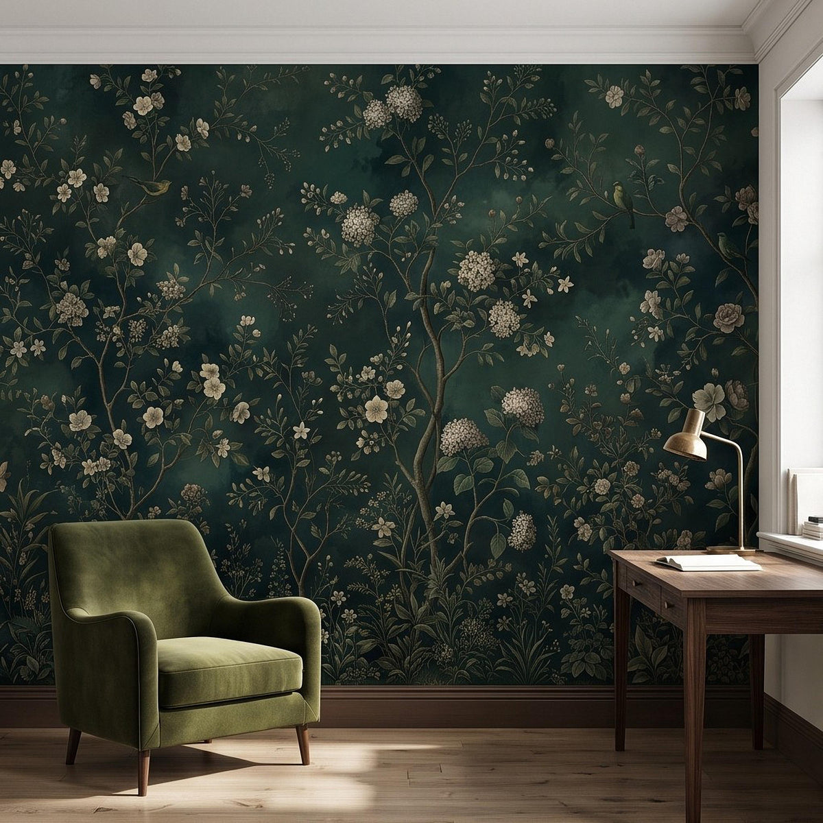 Dark Green Chinoiserie Peel and Stick Wall Mural, Ivory Floral Branches Birds Vintage Botanical Garden Elegant Old World Painting Wallpaper - The Fine Art Murals