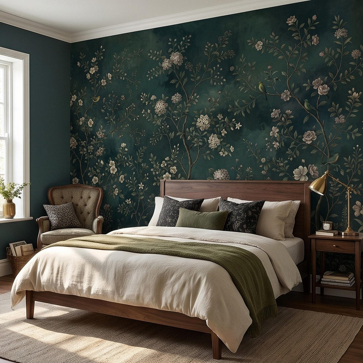 Dark Green Chinoiserie Peel and Stick Wall Mural, Ivory Floral Branches Birds Vintage Botanical Garden Elegant Old World Painting Wallpaper - The Fine Art Murals