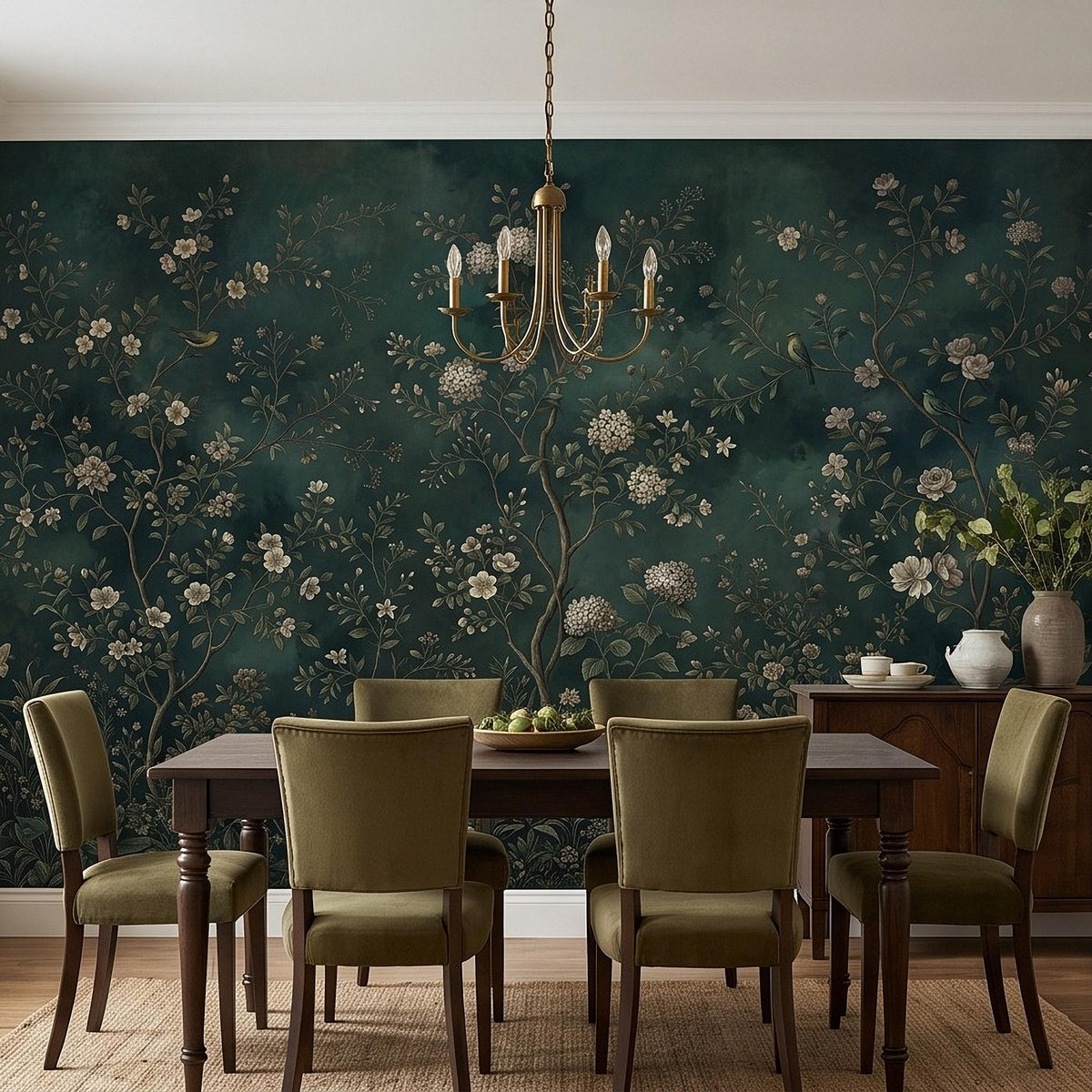 Dark Green Chinoiserie Peel and Stick Wall Mural, Ivory Floral Branches Birds Vintage Botanical Garden Elegant Old World Painting Wallpaper - The Fine Art Murals