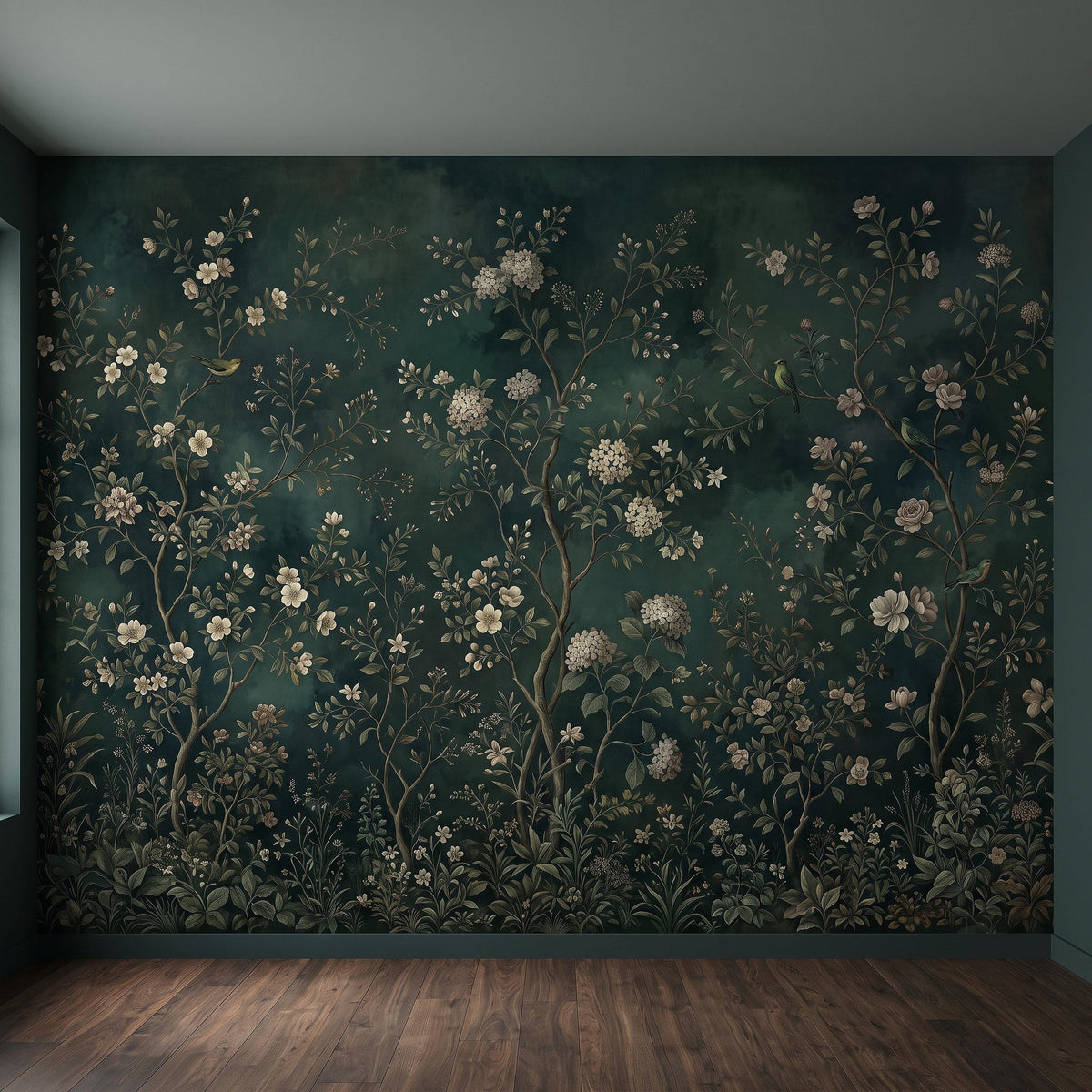 Dark Green Chinoiserie Peel and Stick Wall Mural, Ivory Floral Branches Birds Vintage Botanical Garden Elegant Old World Painting Wallpaper - The Fine Art Murals
