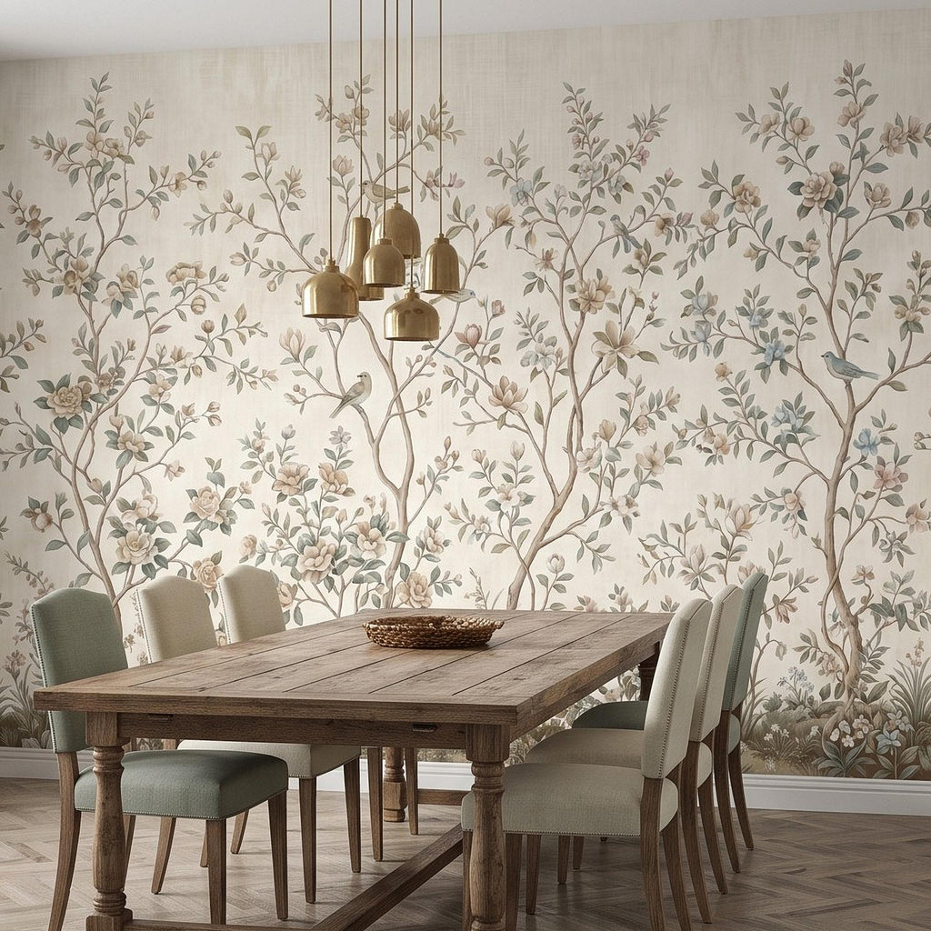 Ivory Chinoiserie Peel and Stick Wall Mural, Floral Branches Birds Soft Botanical Garden Elegant Vintage Farmhouse Painting Wallpaper