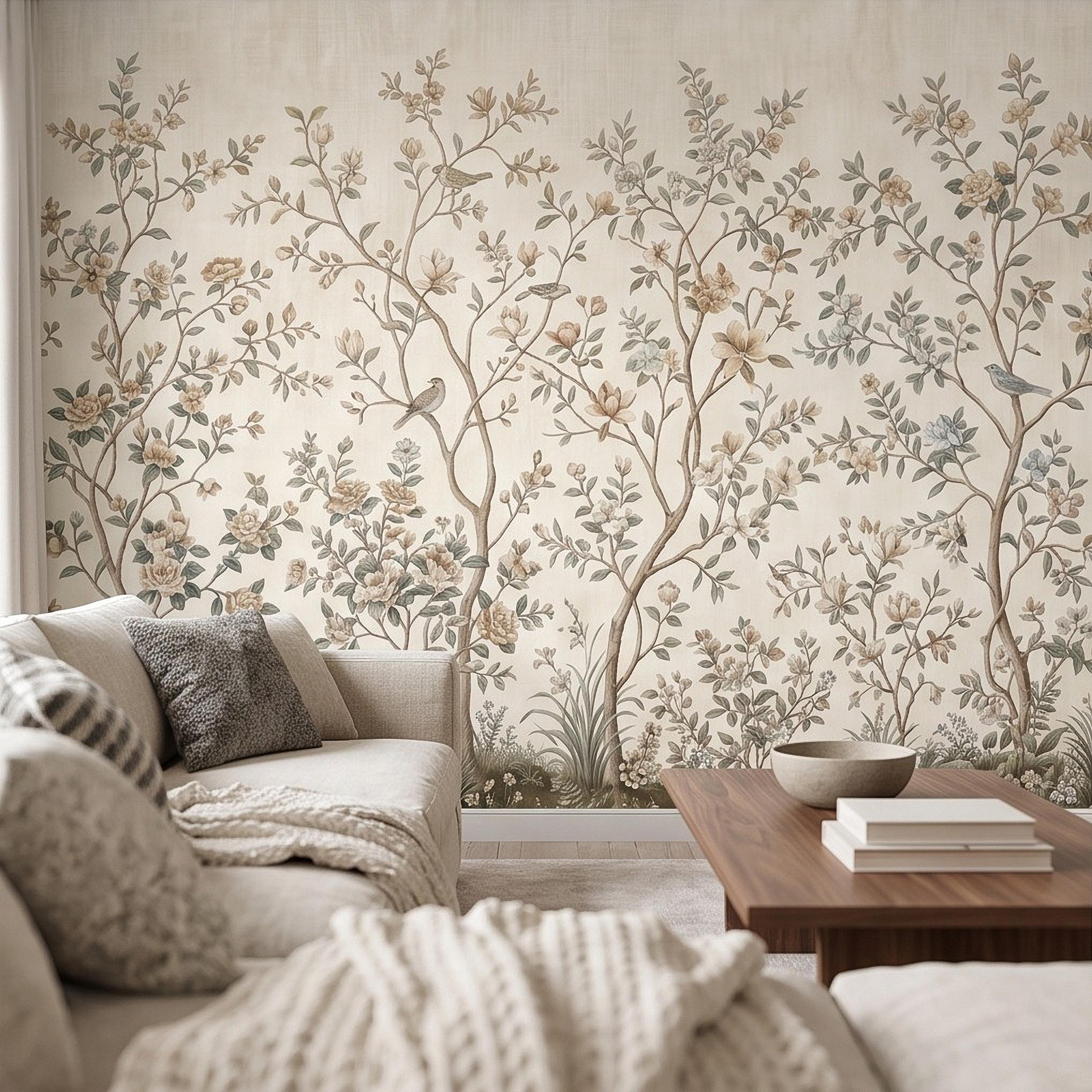 Ivory Chinoiserie Peel and Stick Wall Mural, Floral Branches Birds Soft Botanical Garden Elegant Vintage Farmhouse Painting Wallpaper