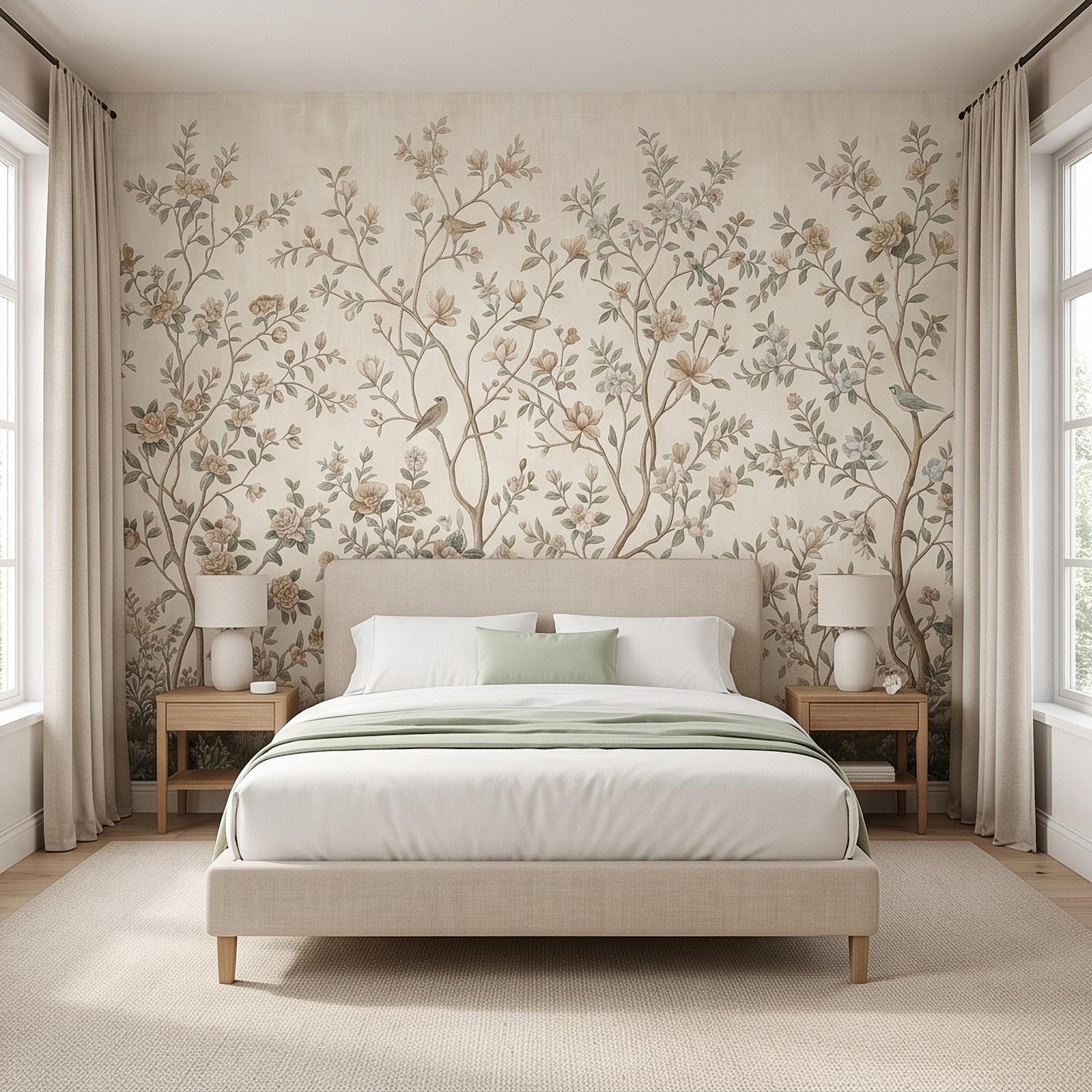 Ivory Chinoiserie Peel and Stick Wall Mural, Floral Branches Birds Soft Botanical Garden Elegant Vintage Farmhouse Painting Wallpaper