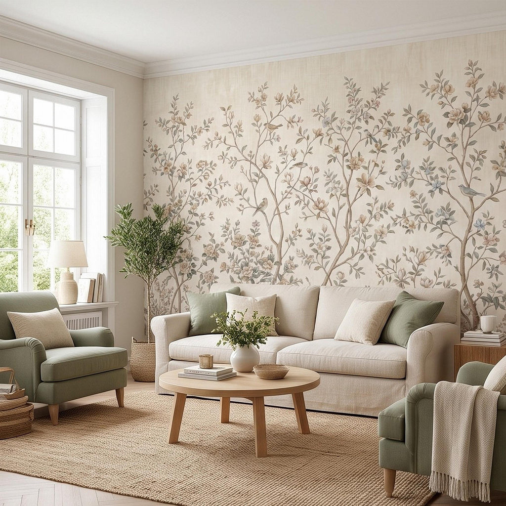 Ivory Chinoiserie Peel and Stick Wall Mural, Floral Branches Birds Soft Botanical Garden Elegant Vintage Farmhouse Painting Wallpaper