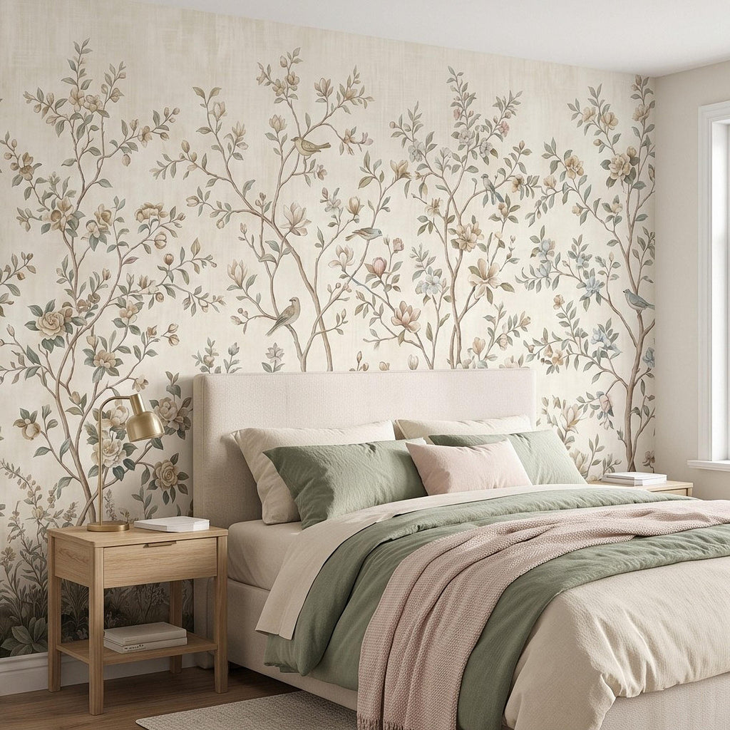 Ivory Chinoiserie Peel and Stick Wall Mural, Floral Branches Birds Soft Botanical Garden Elegant Vintage Farmhouse Painting Wallpaper