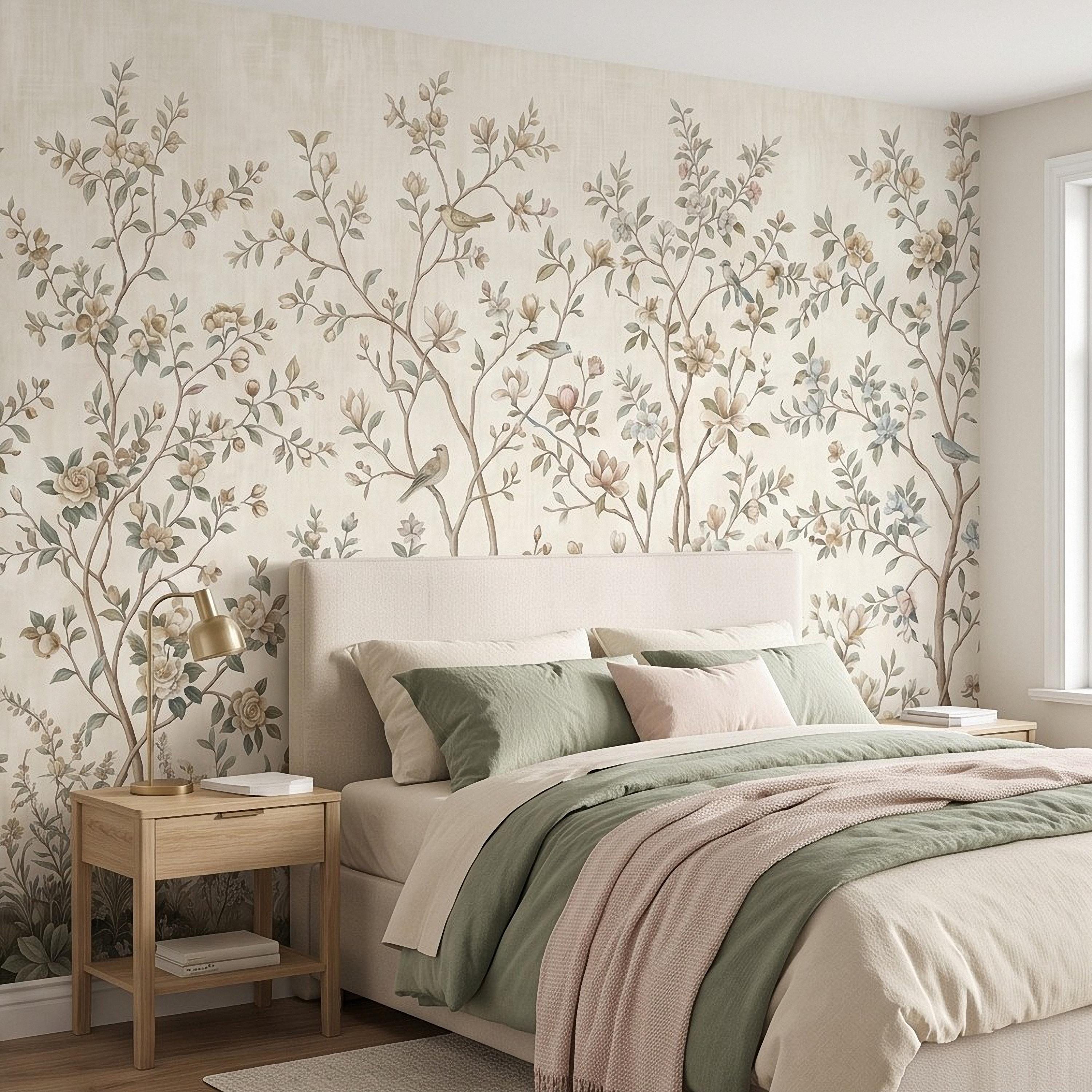 Ivory Chinoiserie Peel and Stick Wall Mural, Floral Branches Birds Soft Botanical Garden Elegant Vintage Farmhouse Painting Wallpaper