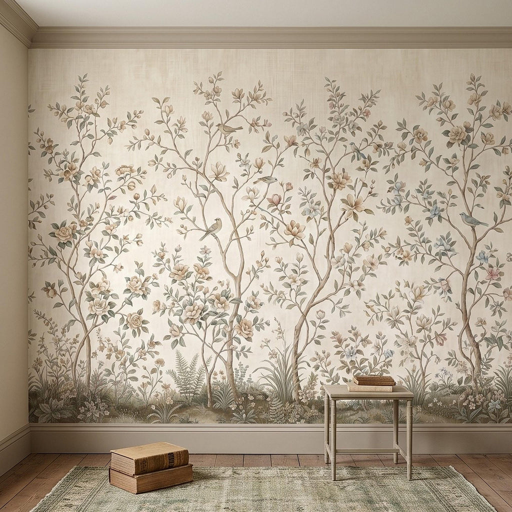 Ivory Chinoiserie Peel and Stick Wall Mural, Floral Branches Birds Soft Botanical Garden Elegant Vintage Farmhouse Painting Wallpaper