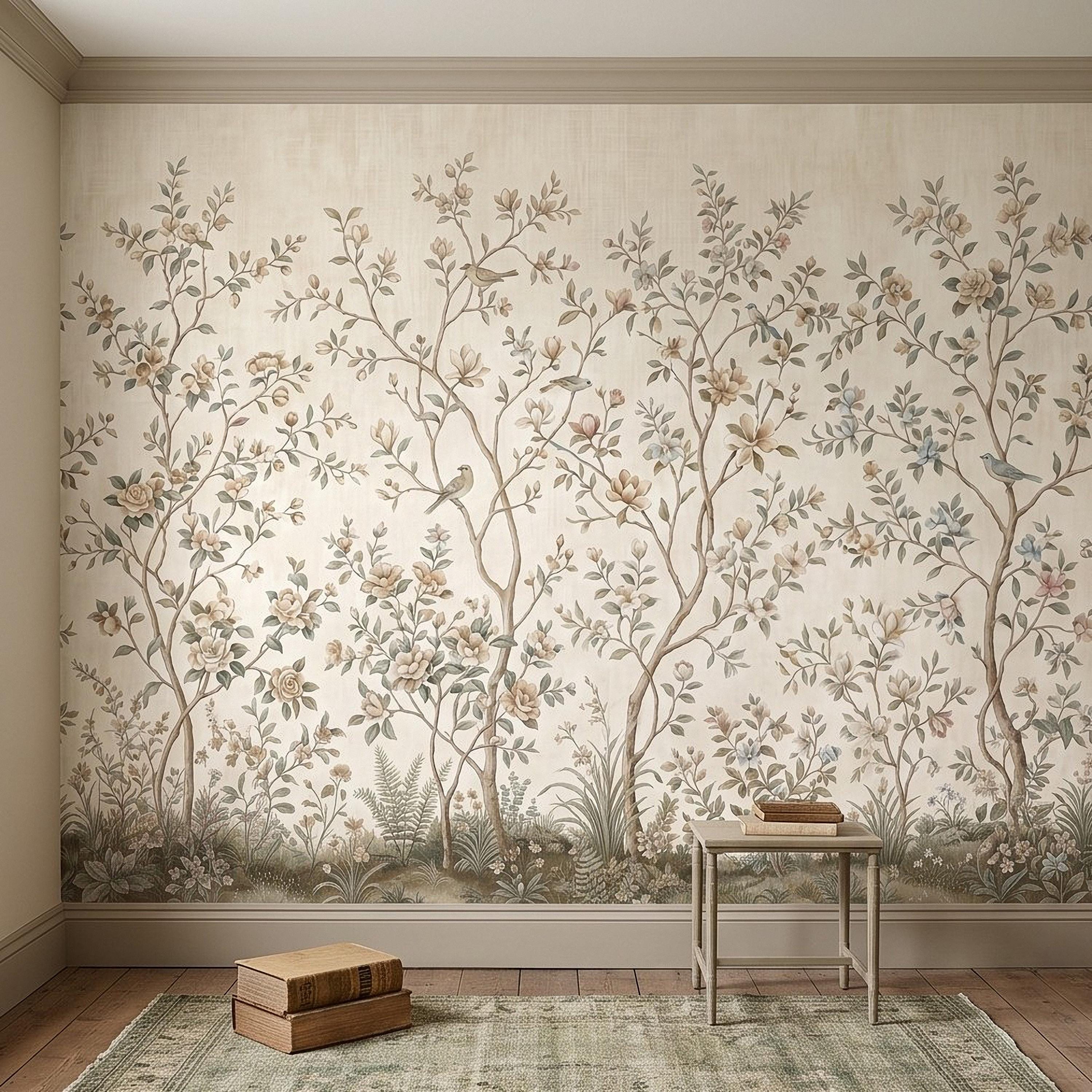 Ivory Chinoiserie Peel and Stick Wall Mural, Floral Branches Birds Soft Botanical Garden Elegant Vintage Farmhouse Painting Wallpaper