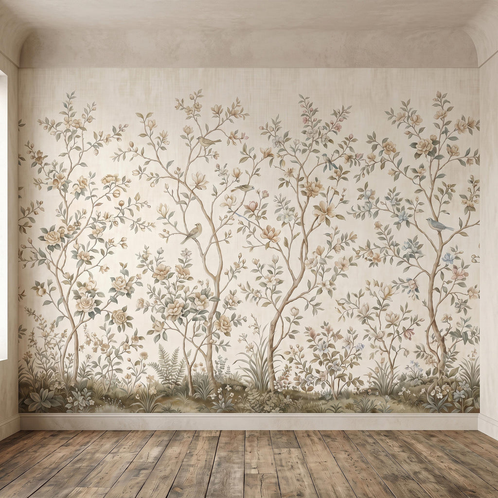 Ivory Chinoiserie Peel and Stick Wall Mural, Floral Branches Birds Soft Botanical Garden Elegant Vintage Farmhouse Painting Wallpaper