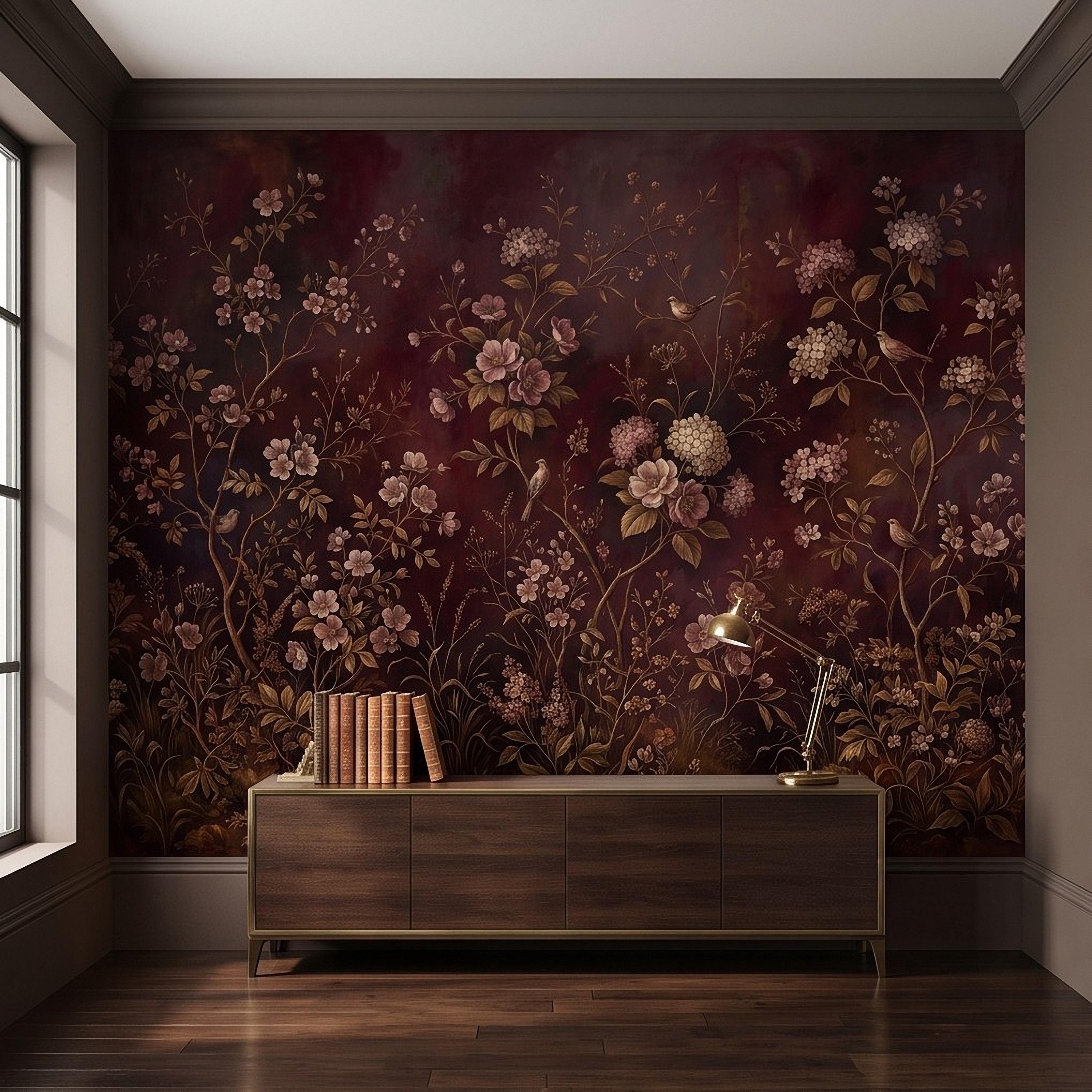 Burgundy Chinoiserie Peel and Stick Wall Mural, Floral Branches Birds Dark Botanical Garden Vintage Romantic Old World Painting Wallpaper
