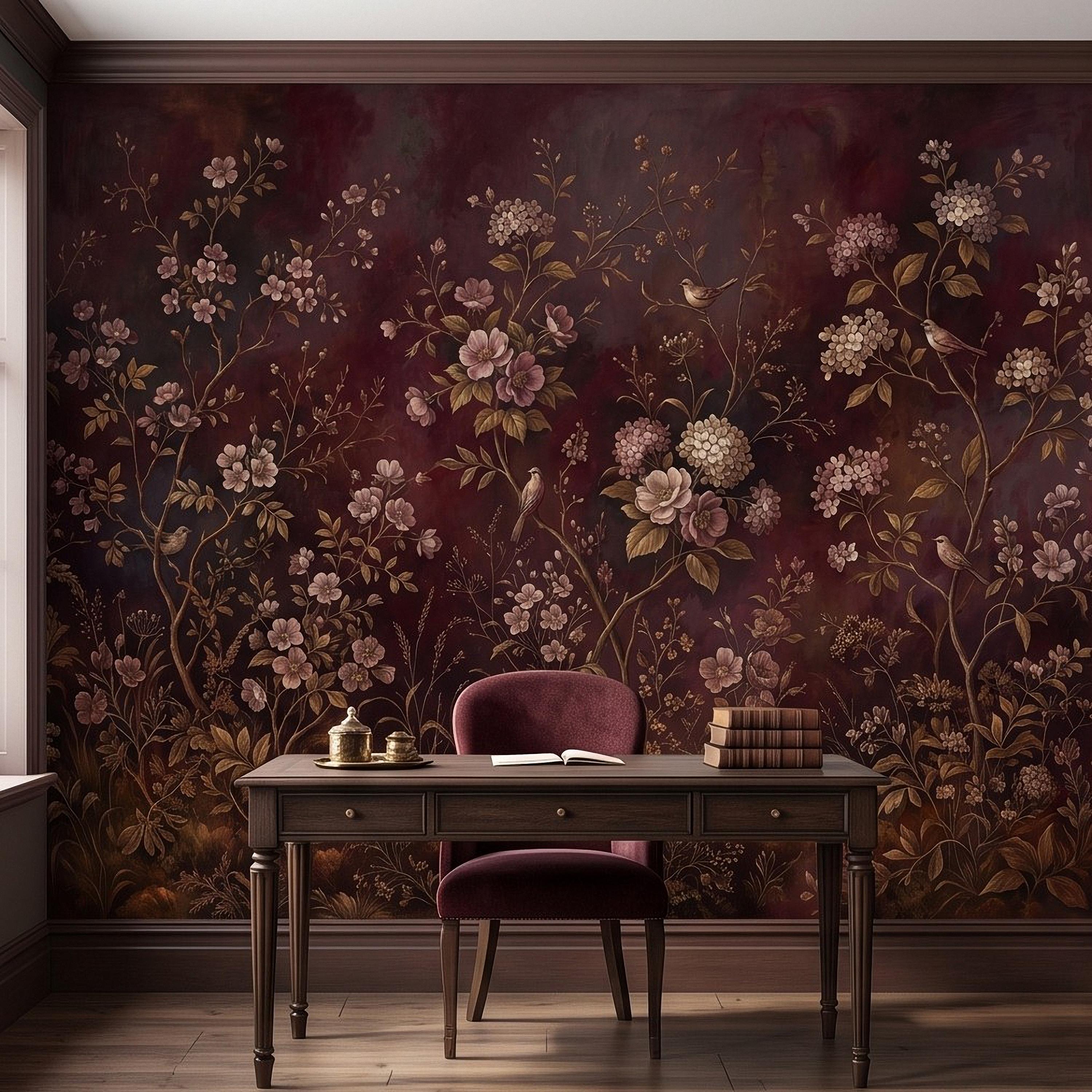 Burgundy Chinoiserie Peel and Stick Wall Mural, Floral Branches Birds Dark Botanical Garden Vintage Romantic Old World Painting Wallpaper