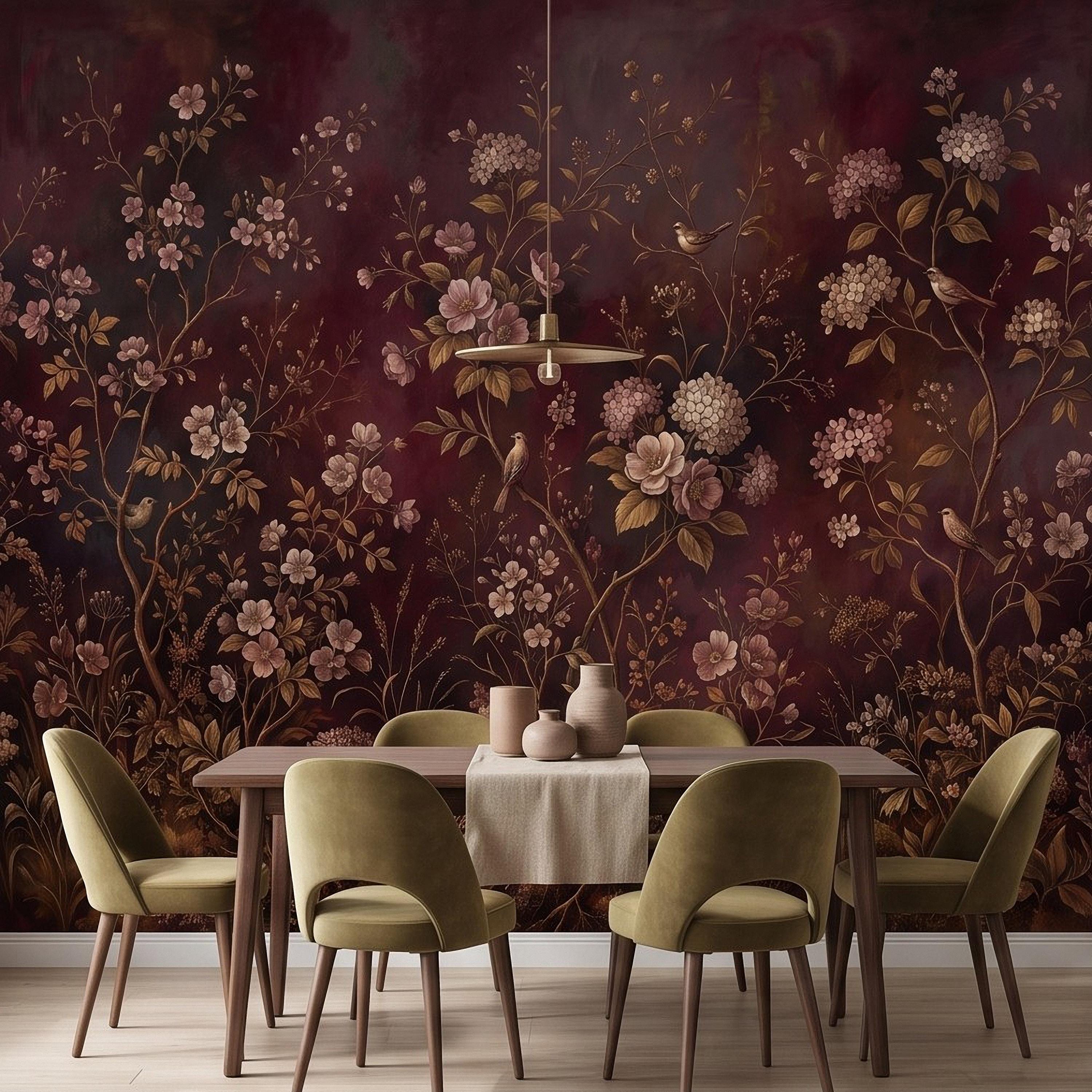 Burgundy Chinoiserie Peel and Stick Wall Mural, Floral Branches Birds Dark Botanical Garden Vintage Romantic Old World Painting Wallpaper
