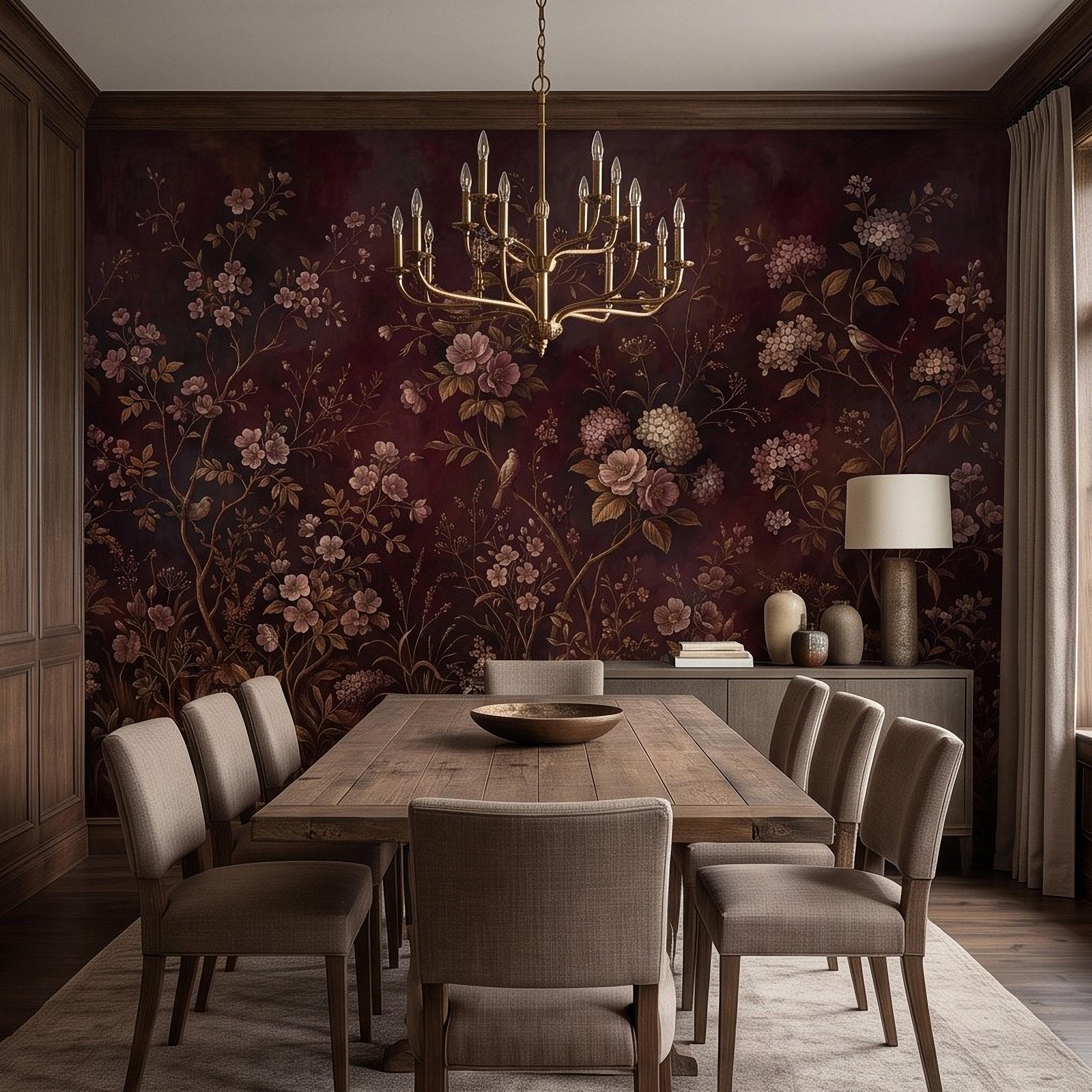 Burgundy Chinoiserie Peel and Stick Wall Mural, Floral Branches Birds Dark Botanical Garden Vintage Romantic Old World Painting Wallpaper