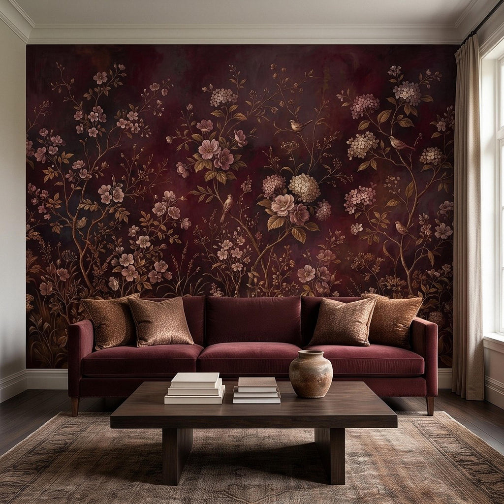 Burgundy Chinoiserie Peel and Stick Wall Mural, Floral Branches Birds Dark Botanical Garden Vintage Romantic Old World Painting Wallpaper