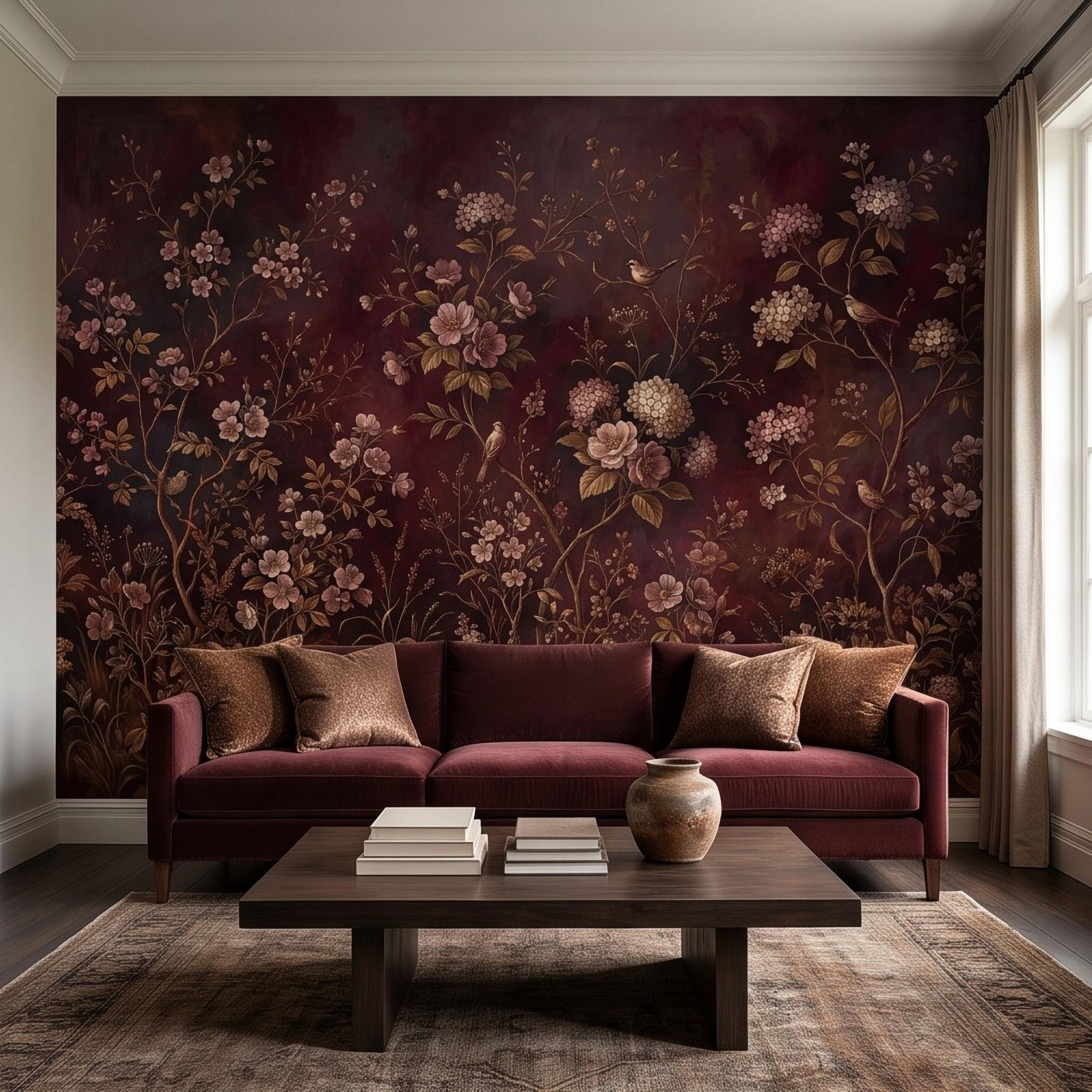 Burgundy Chinoiserie Peel and Stick Wall Mural, Floral Branches Birds Dark Botanical Garden Vintage Romantic Old World Painting Wallpaper