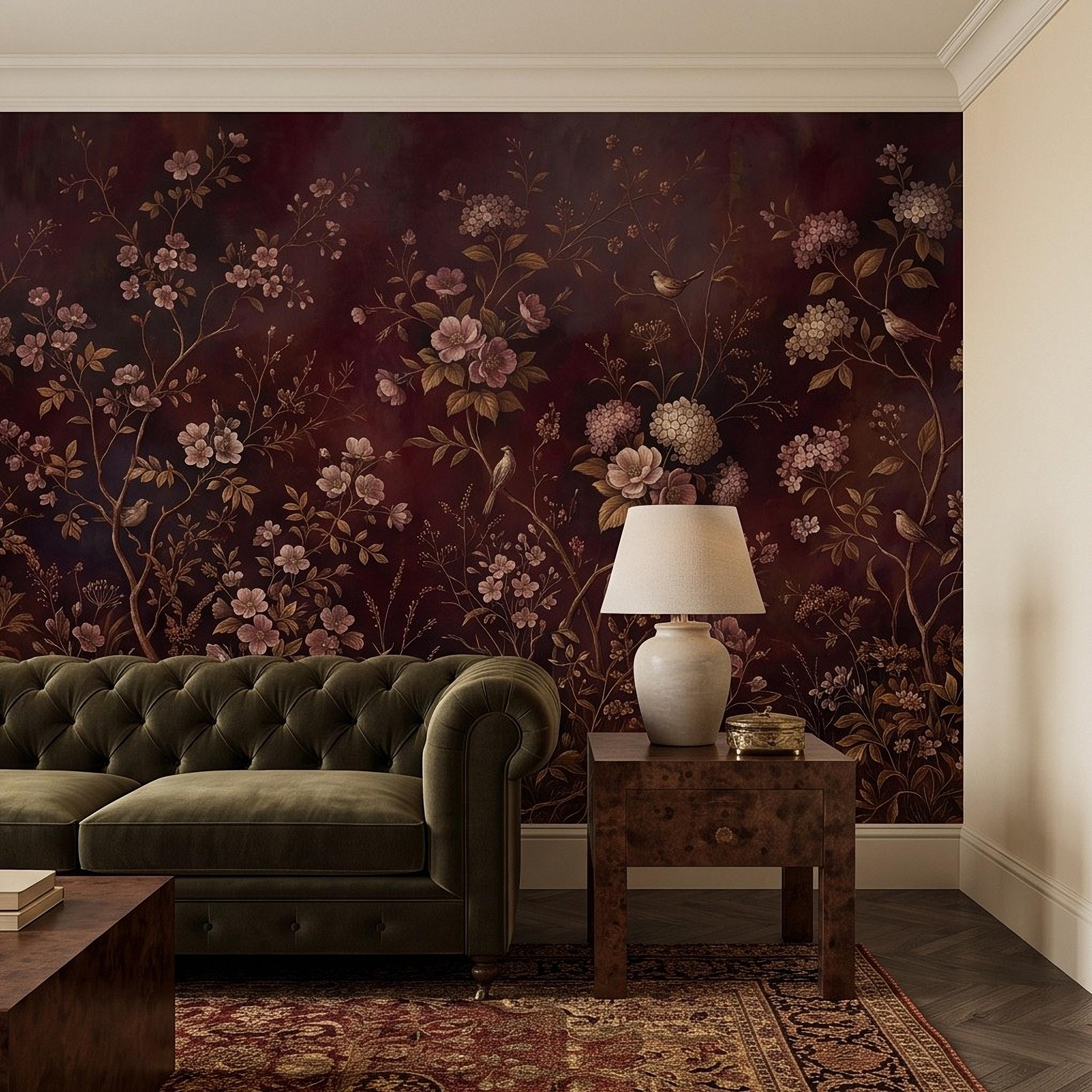 Burgundy Chinoiserie Peel and Stick Wall Mural, Floral Branches Birds Dark Botanical Garden Vintage Romantic Old World Painting Wallpaper