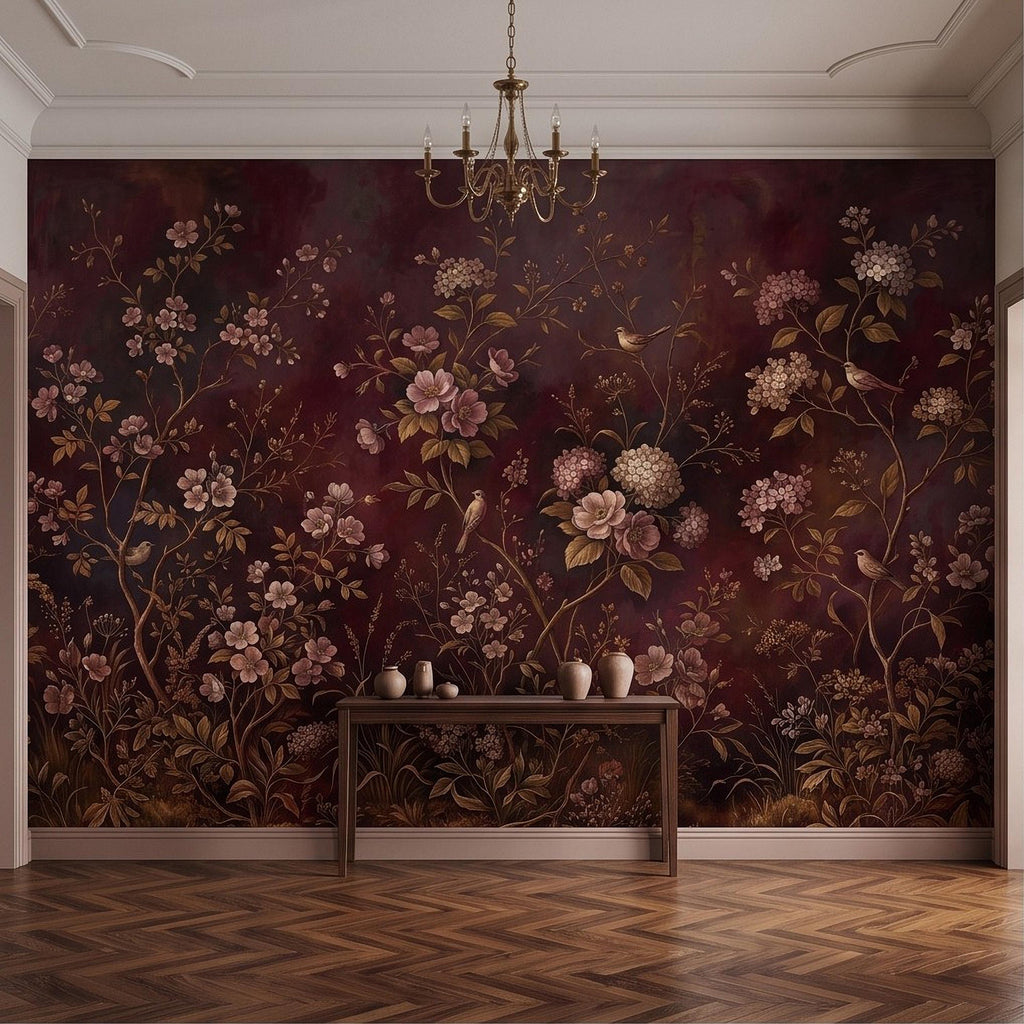 Burgundy Chinoiserie Peel and Stick Wall Mural, Floral Branches Birds Dark Botanical Garden Vintage Romantic Old World Painting Wallpaper